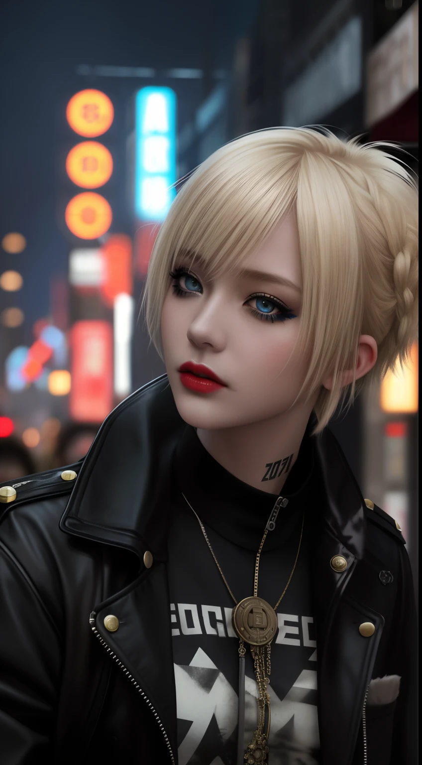 Close-up, a beautiful fashionable Russian fashionable blonde hair, tattered outfit, short side cut hair, punk outfit, lipstick, action movie scene, dystopian movie blade runner scene, night, bustling with neon signs, blade runner aesthetic, crowded people, movie cinematography, trash gang, attractive person, high emphasis on detail, wearing weather technology equipment, trash gang, tattoos, nightlife, full of life, trash gang, action movie shot by Kon Satoshi, Semi Impasto style, matte painting, atmospheric, bright, dramatic lighting, beautiful eyes, symmetrical eyes, perfect eyes