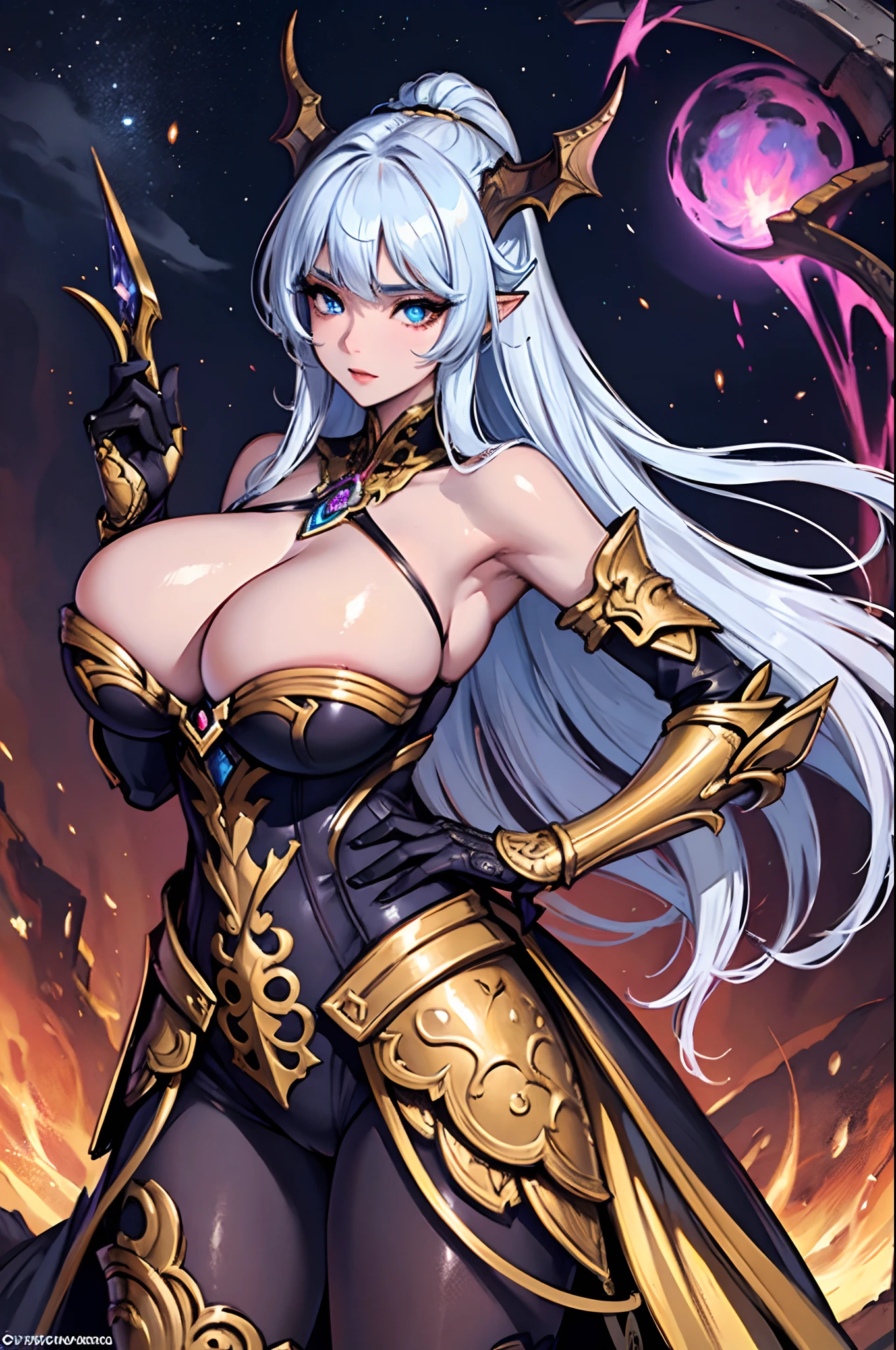 Generate an awe-inspiring fantasy illustration showcasing an exquisitely detailed and lifelike Demon Girl characterized by captivating eyes, a stunningly beautiful face, and intricate skin and massive boobs, (gigantic breasts). Adorn her with enchanting fantasy armor that enhances her allure.