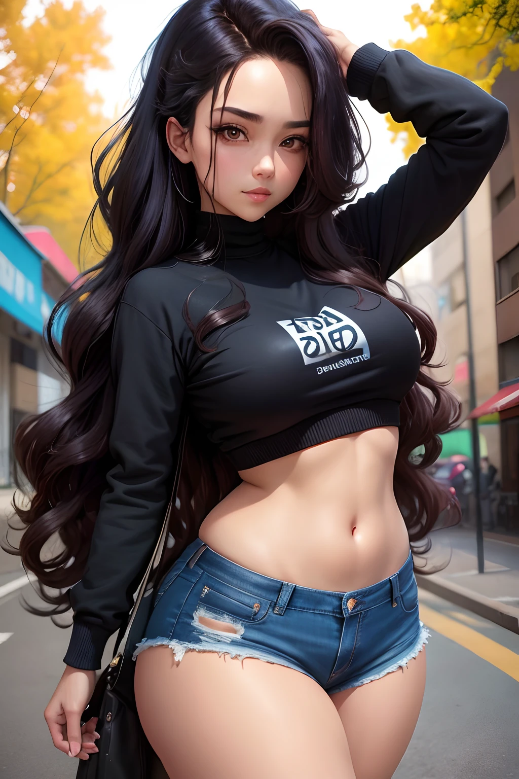 anime, girl, long hair, dark hair color, stylish hairstyle, side hair long, lush hair, hair does not cover face, long curls of hair pulled to the sides, hair does not cover the forehead, curvy body, sexy girl, beautiful girl, dark character, crop top, lowrider jeans, clarity, detailed, detailed face, very detailed drawing, smile, serious look, scary background, scary saturated background, perfect composition, soft natural volumetric cinematic perfect light, masterpiece