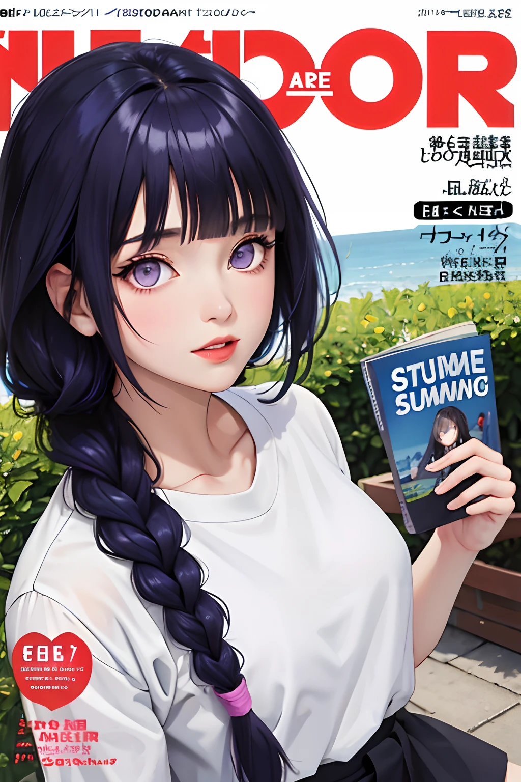 masterpiece, best quality, summer outfit, colorful hair, outdoor, magazine cover ,upper body,Blunt Bangs, purple eyes, braid dark blue hair