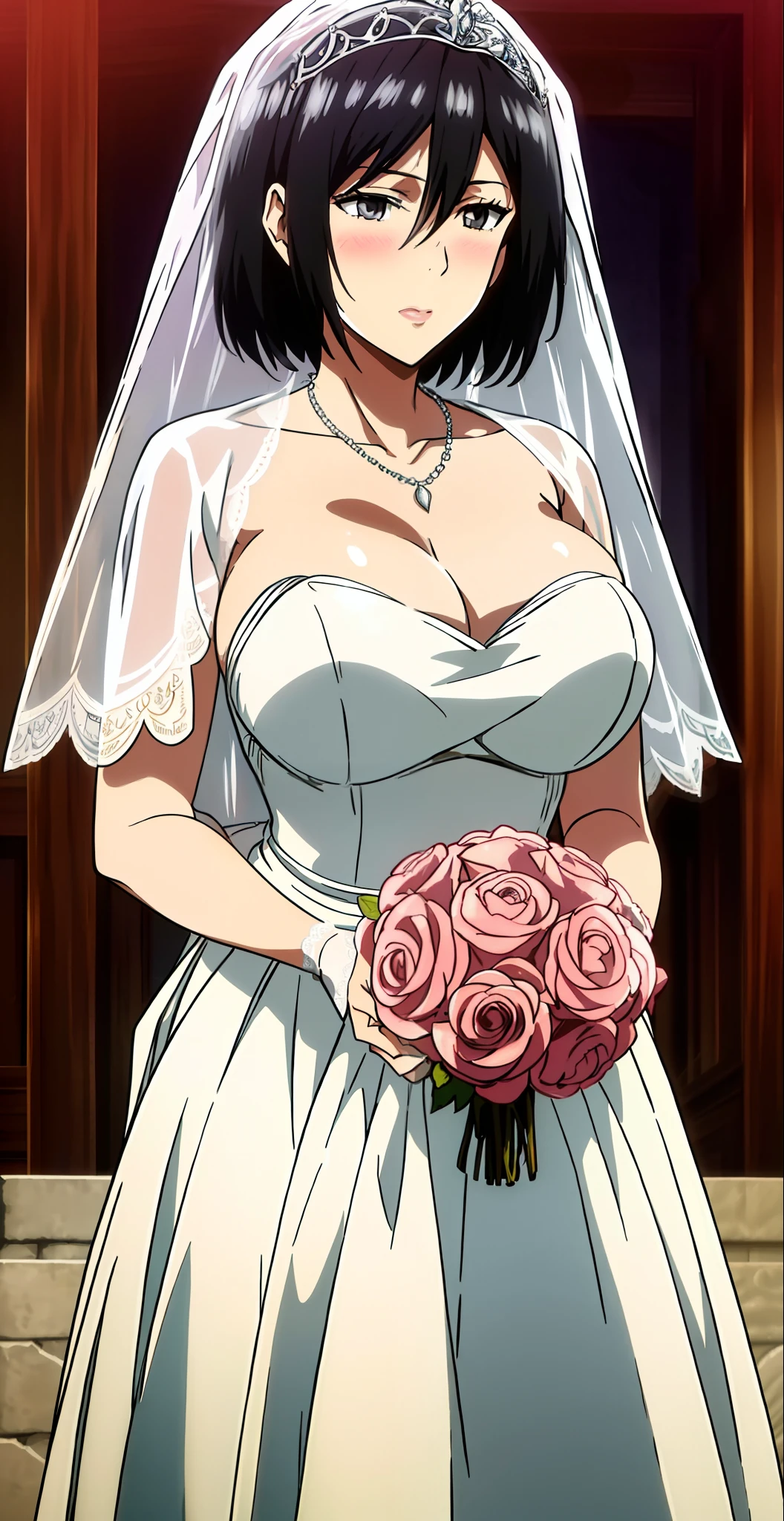 1girll, mikasa ackerman, (Black hair:1.3), hair between eye, Short hair, With gray eyes,  Close-up of a beautiful bride in a bridal dress,Guvitz，Blush，Head flower，headdress，（Bandeau wedding dress：1.5），（Silk dress：1.2）,（Strapless wedding dress：1.5）,Plain white dress，necklace，earring，Paper cutouts for weddings,(huge tit:1.3)，Neck ornaments，Deep V peach heart collar wedding dress，Liuhai，Bouquet，lipstick，（Lace gloves：1.3），(Bridal veil:1.2），（Short transparent veil：1.2），Bust photo,High detail RAW color art,Tyndall phenomenon