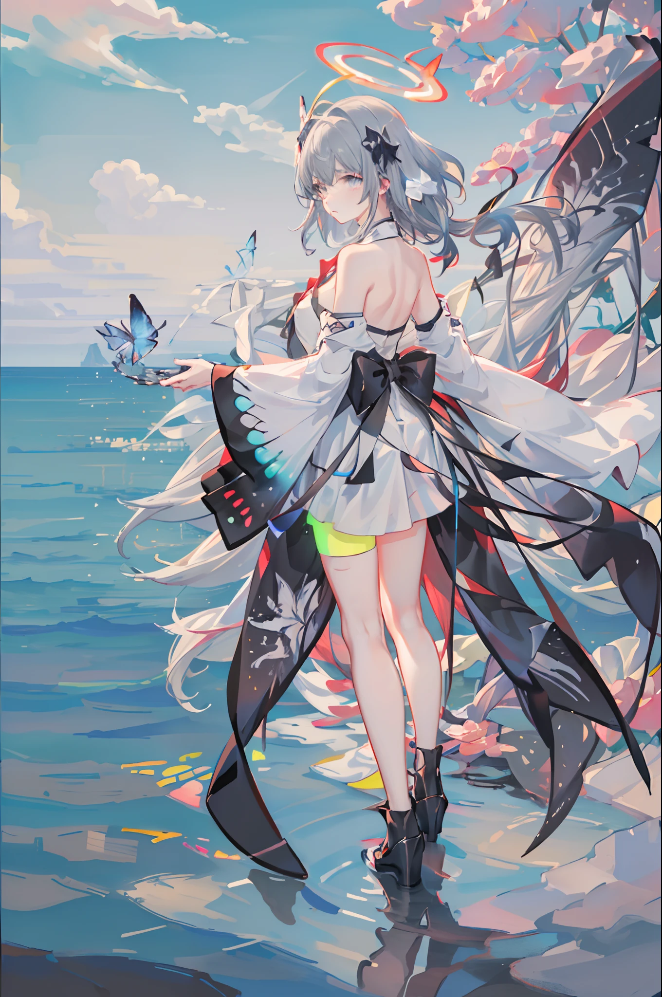 (Highest picture quality),(Master's work), (ultra-detailed),(Detailed eye description:1.2),(floating colorful wind:1.4),(upper body:1.5),(manny colorful butterfly:1.3),(clouds sea:1.4),(lens flare:1.3),(grim expression:1.5),(movie poster:1.0),(Tarot border:1.0),a girl dress,(red armor:1.3), , (eyelashes:1.2), formal,military,skirt,(blue ribbon:1.2),(water magic:1.2),(medium breasts),(thigh bands),(grey hair:1.3),(short hair:1.6),the portrait is centered,(from below:1.1),(close-up:1.2),(looking back:1.5),(chaotic geometric images:1.3),(nagative space:0.8), [[negative space]] ,(drawing board:1.3),(halo:1.3),(ether colorful ink flowing:1.3),(grey eyes), ((water, reflection, (neon lights:1.3))), ((colorful, multicolored)), , ahoge, sky, shiny,  ((solo)),