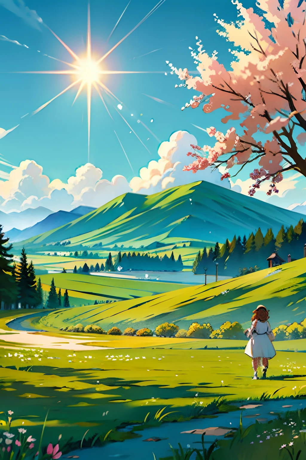 A painting of a springtime landscape, wide open green grass field, blinding bright sun in sky, midday light.