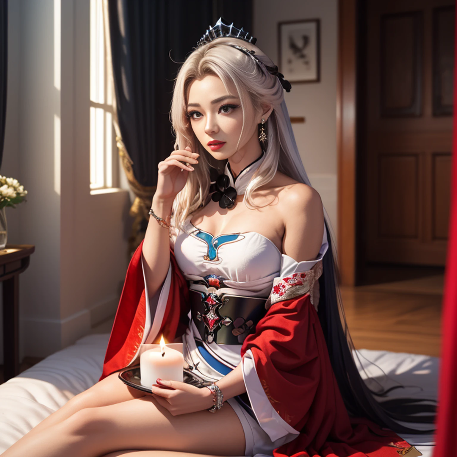 Official Art, Unity 8k wallpaper, super detailed, beautiful, beautiful, masterpiece, best quality, super detailed texture, asymmetrical aesthetics,
darkness, epic, atmospheric, mysterious, taboo, art, ancient china, decoration, intricate, gold and silver products, supernatural, costume design, lace embellishment,
1 girl, legged, sitting, black stockings, boots, elegant manners, conservative clothing, full body composition