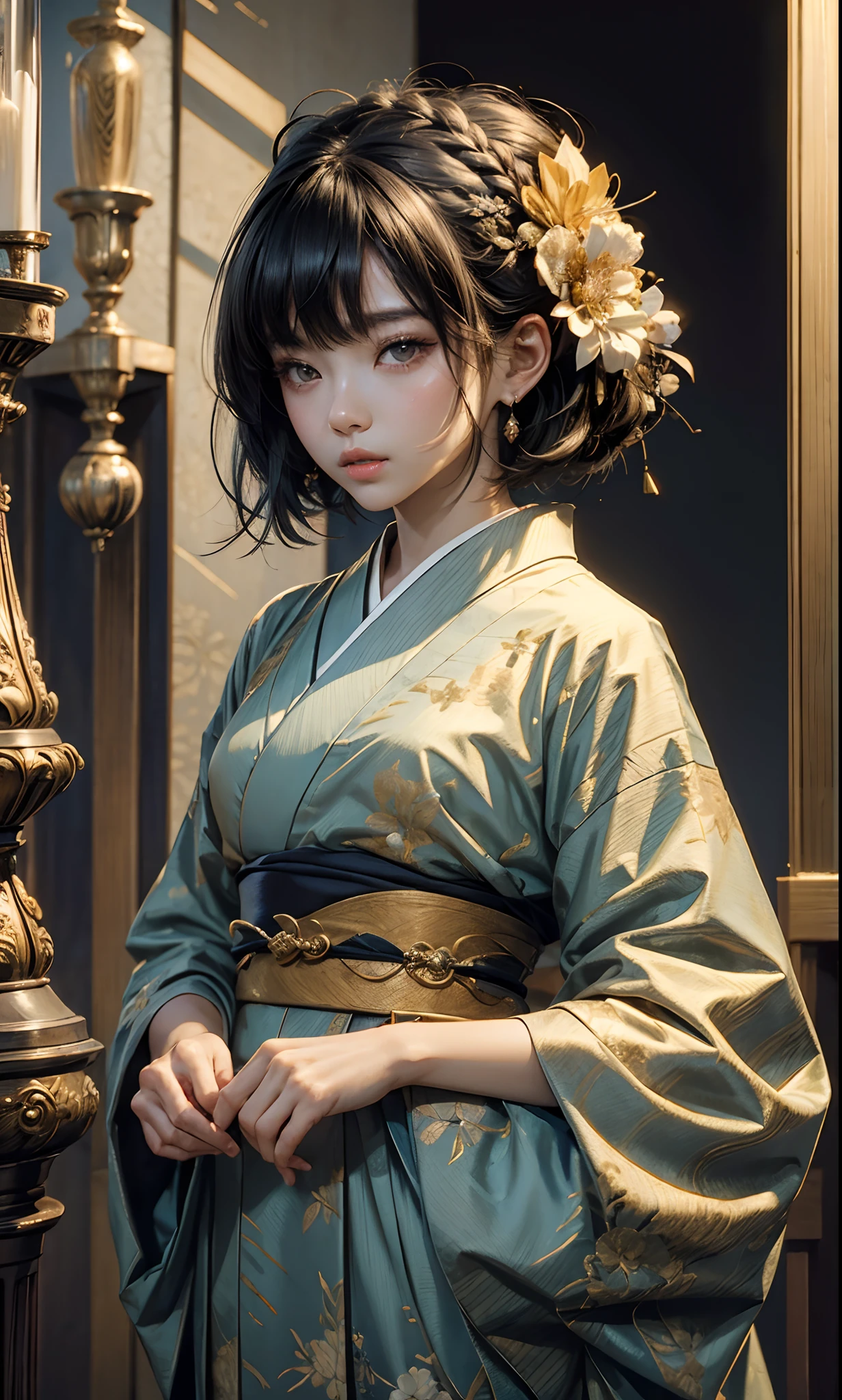 ((top-quality、masterpiece:1.3))、sharp:1.2、Perfect Body Beauty:1.4、((Layered hairstyle))、(Kimono:1.1)、(shrines:1.2)、Highly detailed facial and skin texture、Detailed eye、二重まぶた、((short-length hair))、boyish、Cool、((unisex))、big eye、bangss、((One Woman))、Black eyes、tying hair、hair adornments、