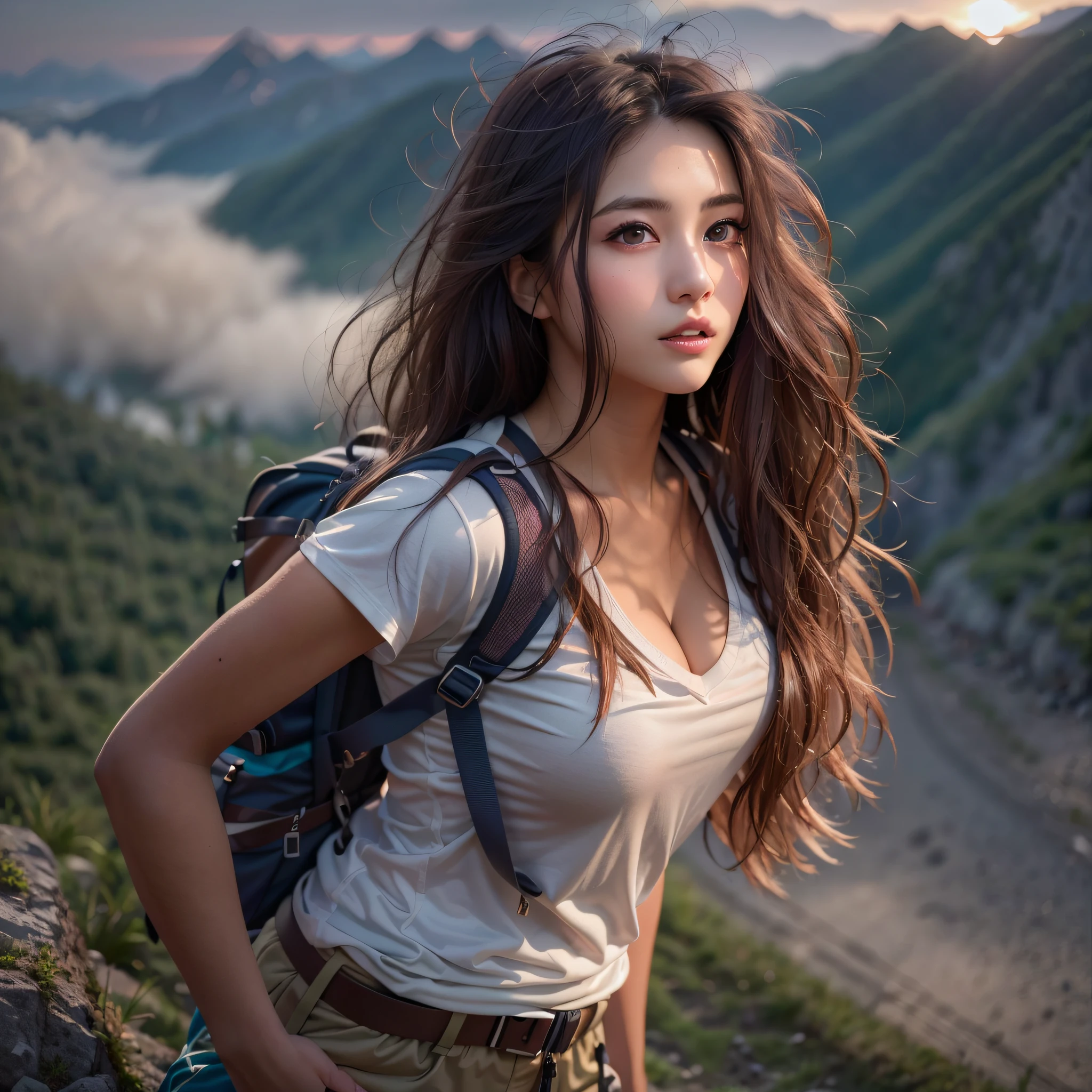 (Naturescape photography), (best quality), masterpiece:1.2, ultra high res, photorealistic:1.4, RAW photo, (Magnificent mountain, sea of clouds), (On a very high mountain peak), (sunset), (wideangle shot),  (Show cleavage:0.8),
(1girl), (Photo from the knee up:1.3), (18 years old), (smile:0.9), (shiny skin), (semi-long hair, dark brown hair), 
(Large white V-neck T-shirt, Trekking shorts), (Carrying a large backpack), 
(ultra detailed face), (ultra Beautiful fece), (ultra detailed eyes), (ultra detailed nose), (ultra detailed mouth), (ultra detailed arms), (ultra detailed body), pan focus, looking at the audience, (Show cleavage)