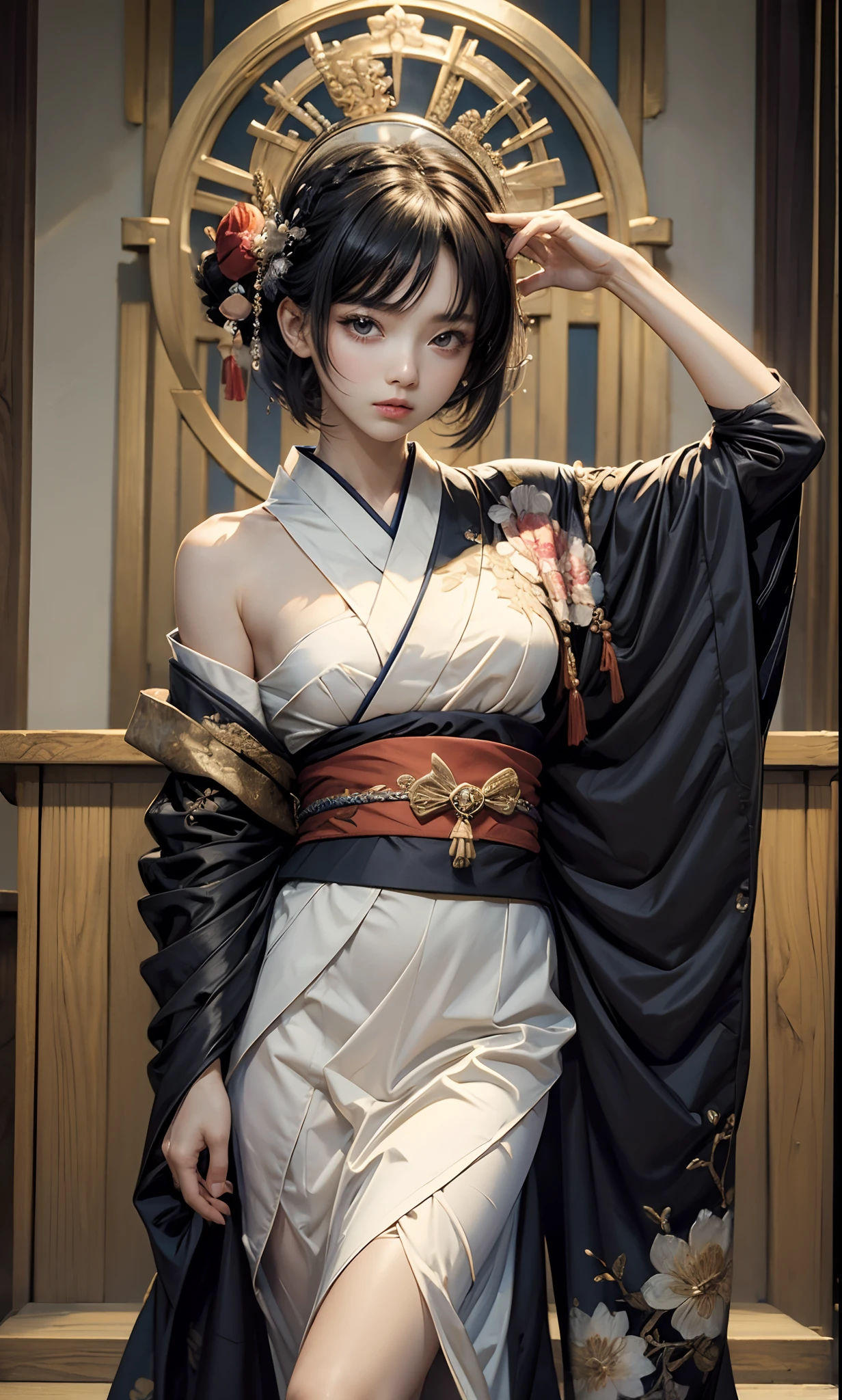 ((top-quality、​masterpiece:1.3))、sharp:1.2、Perfect Body Beauty:1.4、((Layered hairstyle))、(Kimono:1.1)、(shrines:1.2)、Highly detailed facial and skin texture、Detailed eye、二重まぶた、((short-length hair))、boyish、Cool、((unisex))、big eye、bangss、((One Woman))、Black eyes、tying  hair、hair adornments、