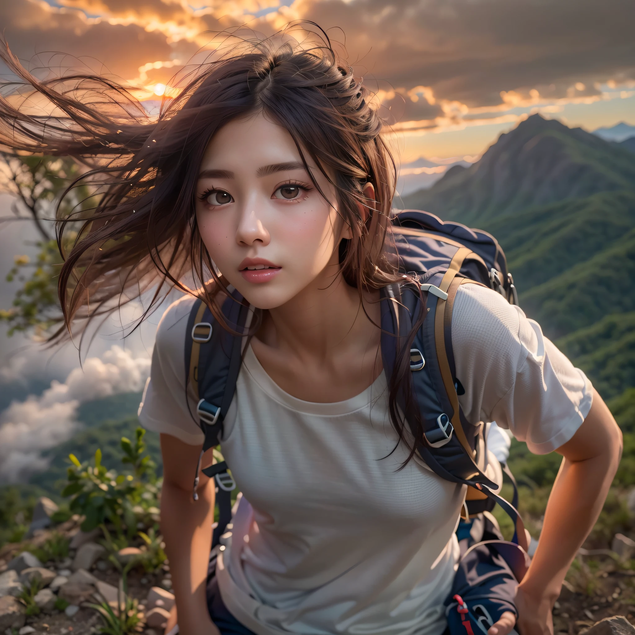 (Naturescape photography), (best quality), masterpiece:1.2, ultra high res, photorealistic:1.4, RAW photo, (Magnificent mountain, sea of clouds), (On a very high mountain peak), (sunset), (wideangle shot),  (Show cleavage:0.8),
(1girl), (Photo from the knee up:1.3), (18 years old), (smile:0.9), (shiny skin), (semi-long hair, dark brown hair), 
(loose white shirt, Trekking shorts), (Carrying a large backpack), 
(ultra detailed face), (ultra Beautiful fece), (ultra detailed eyes), (ultra detailed nose), (ultra detailed mouth), (ultra detailed arms), (ultra detailed body), pan focus, looking at the audience