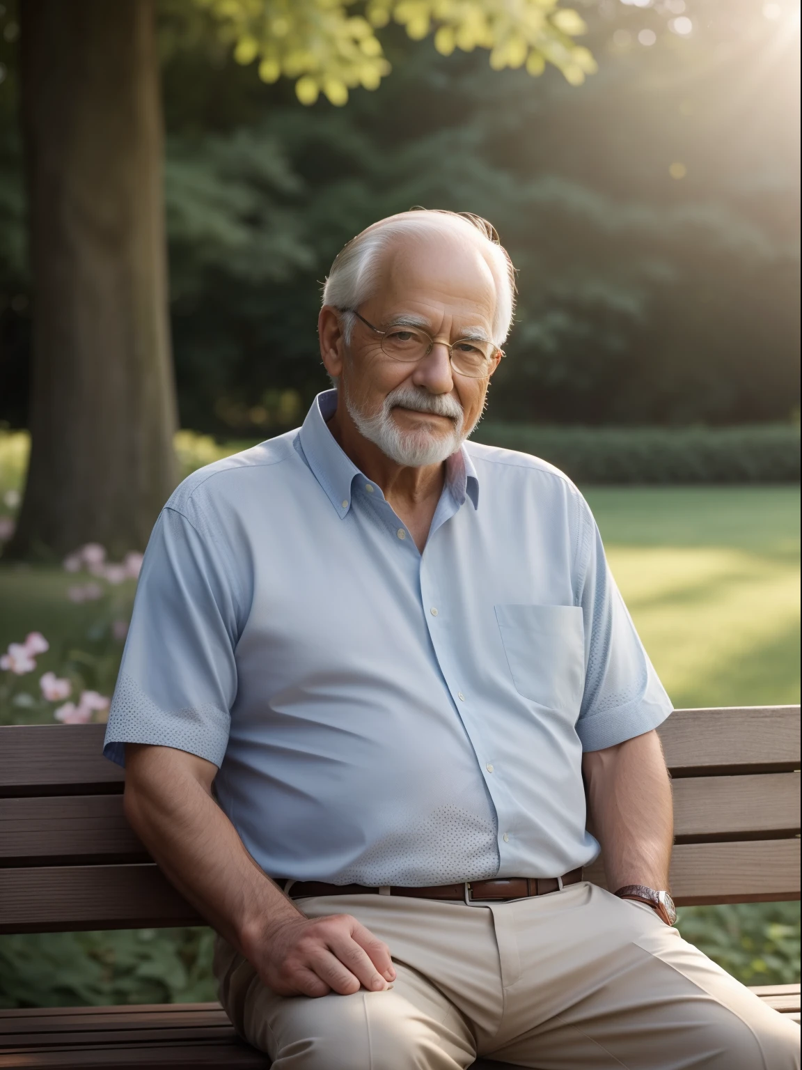 A personal portrait of a very handsome old man sitting on a wooden bench in a lush park on a beautiful sunny day. Captured with a Sony α7 III camera and a 85mm lens at F 1.2 aperture, the background is blurred to isolate the subject. The park is filled with vibrant greenery and colorful flowers and natural sun Lighting, providing a natural and peaceful atmosphere. Dreamy sunny lighting creates a soft and warm glow that gently illuminates the subject's features, enhancing his natural and peaceful handsome. The image is shot in a photorealism mode to deliver an ultra-realistic image that truly captures the subject's unique personality.