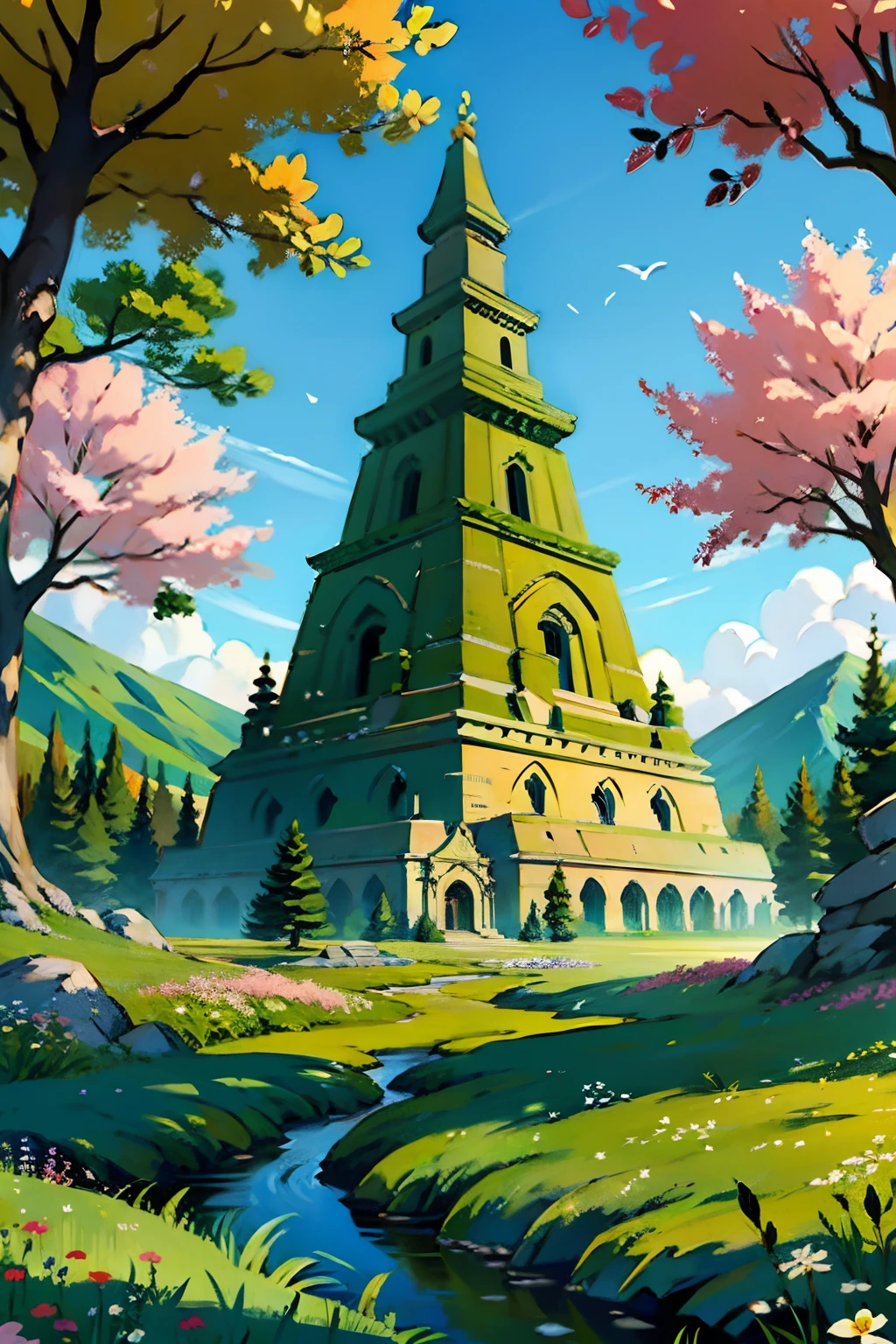 A painting of a springtime landscape, green trees and flowers, a giant four-sided stone pyramid, midday light.