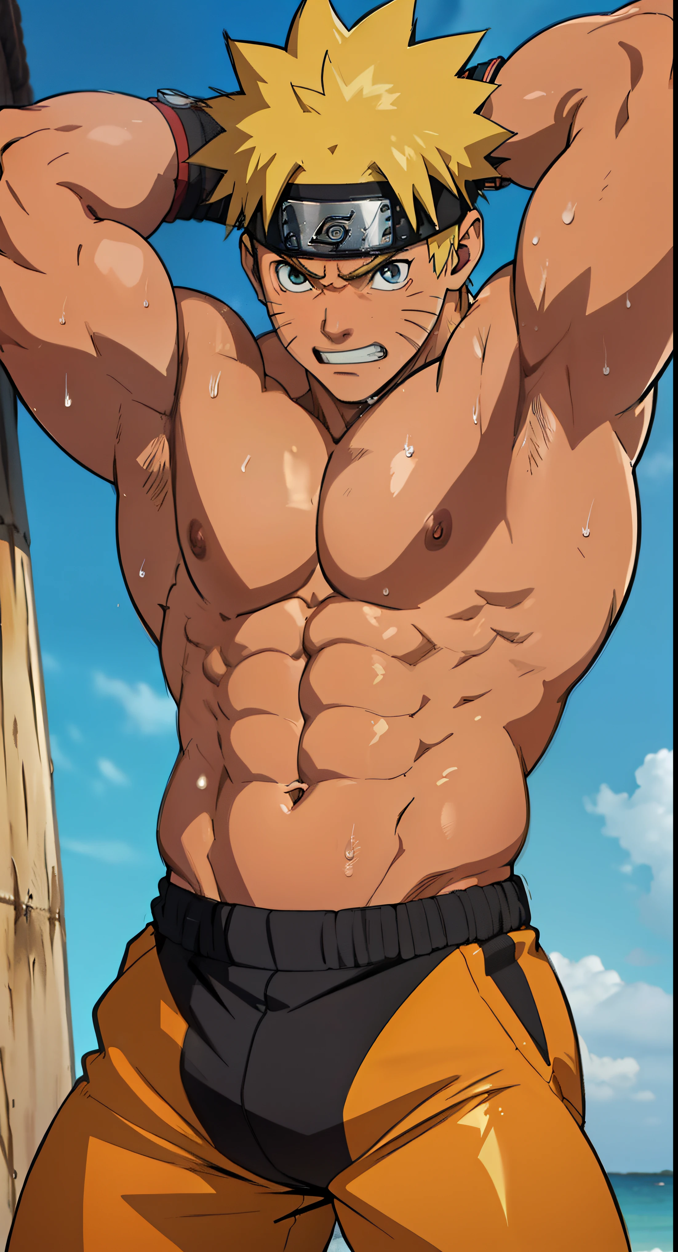 (Huge, strong, muscular thigh muscles) Naruto Uzumaki, lots of sweat flowing down, topless, shirtless, sunny, shiny skin, tanned skin, bodybuilder, huge, solid muscular chest muscles, muscles  Huge muscular, sinewy arms, cute baby face (close-up) arms stretched out