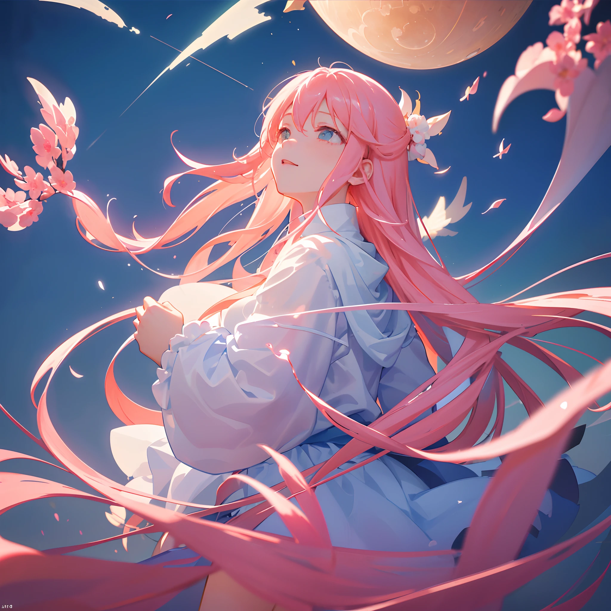 masterpiece、top-quality、Movie stills、One Girl、Looking up at the sky、fleeting、nigh sky、New Moon、Pink hair(a closeup:1.1)、with light glowing、happiness、A delightful、Soft lighting、(Bauhaus、form、line、abstracted:1.1)