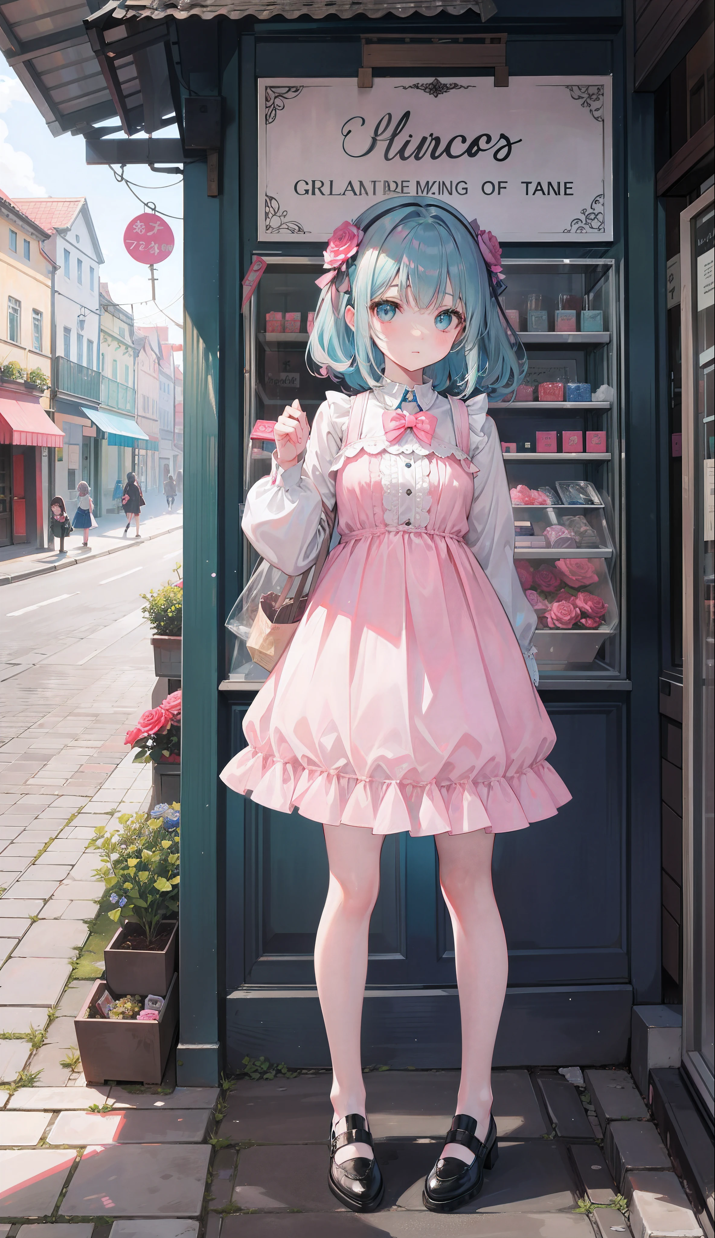 Gray-pink bangs,Blue-green eyes,cute female child,the street,candy store,Signboard,european buildings,Slate pavement,Rose flower,