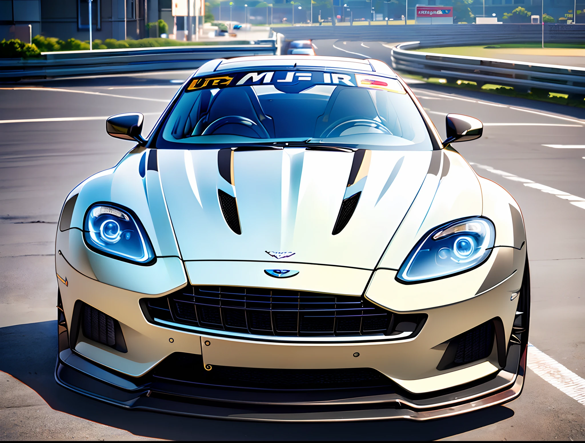 (best quality,ultra-detailed,realistic:1.37),luxurious Aston Martin, sleek and powerful, need for speed, race-ready, wide body kit, stunning and aggressive appearance, custom spoiler, enhances aerodynamics and style, attention-grabbing custom vinyls, unique design that stands out.