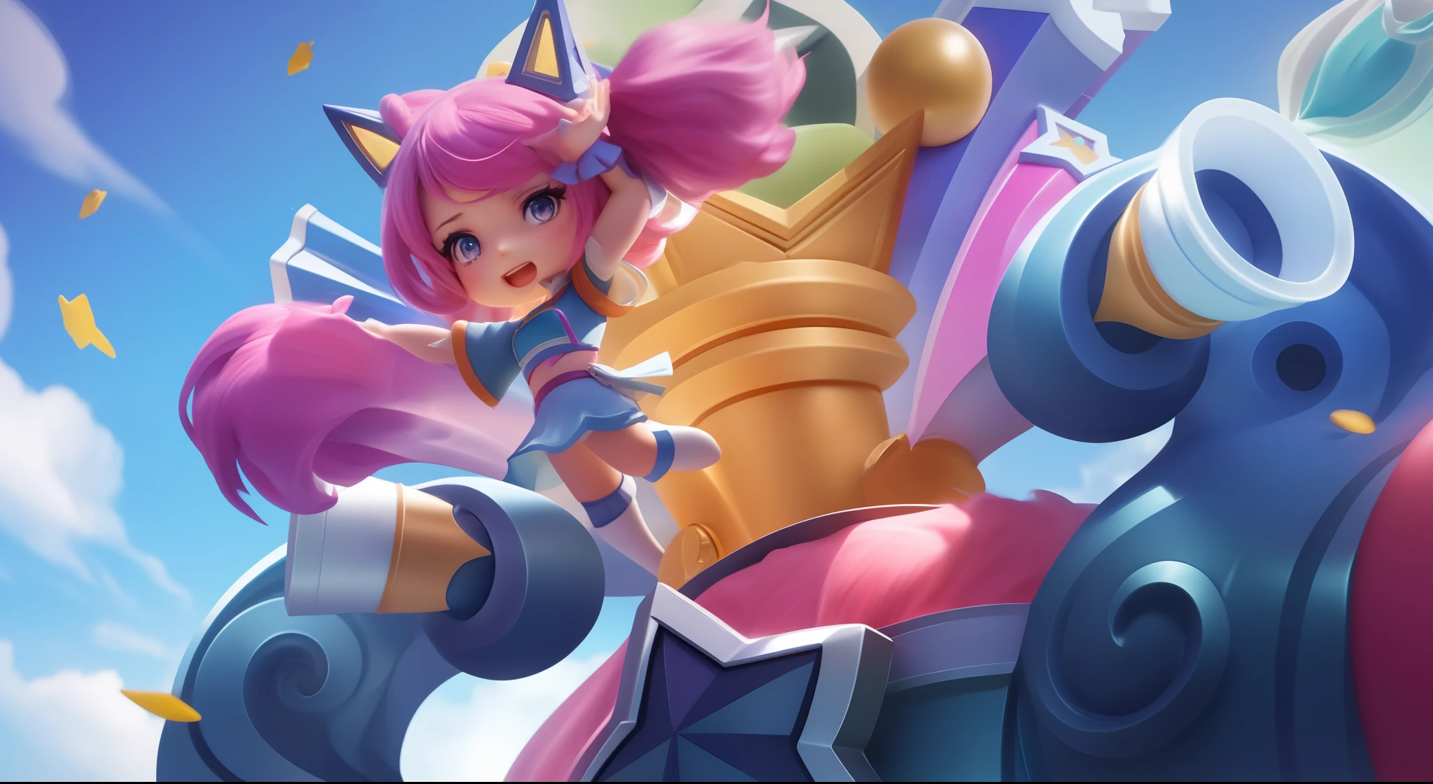 A closeup of a woman in a pink outfit mounted on a giant robot, jinx arcano, Splashart de League of Legends, League of Legends arte splash, star guardians, Serafim Ahri KDA, de League of Legends, arte oficial splash, arte splash, Arte do personagem de League of Legends, Star Guardian Inspirado, arte splashe anime loli