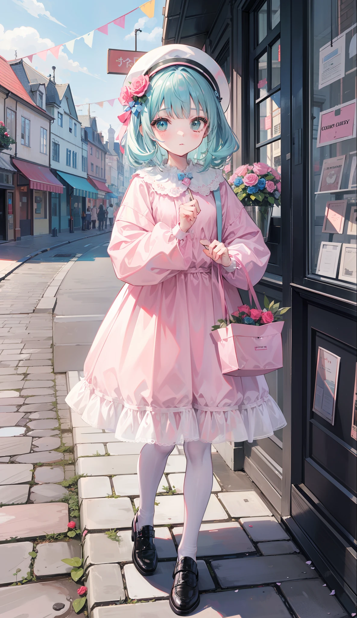 Gray-pink bangs,Blue-green eyes,cute female child,the street,candy store,Signboard,european buildings,Slate pavement,Rose flower,