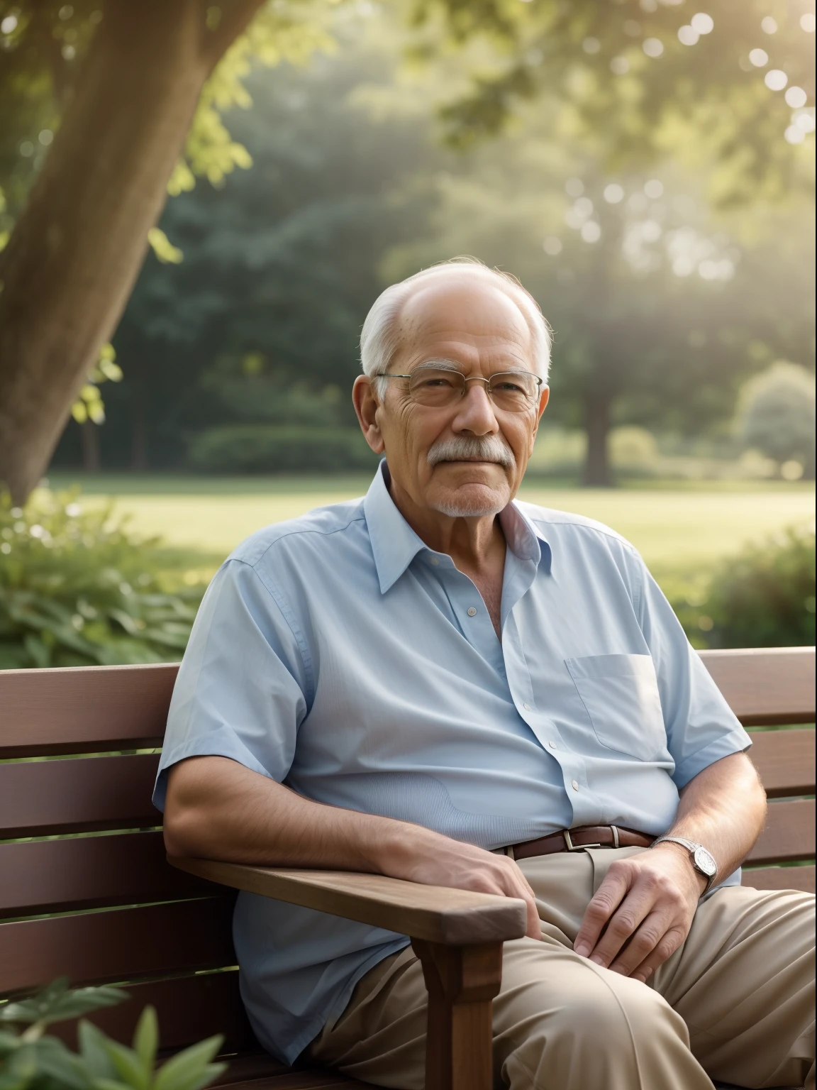 A personal portrait of a very handsome old man sitting on a wooden bench in a lush park on a beautiful sunny day. Captured with a Sony α7 III camera and a 85mm lens at F 1.2 aperture, the background is blurred to isolate the subject. The park is filled with vibrant greenery and colorful flowers and natural sun Lighting, providing a natural and peaceful atmosphere. Dreamy sunny lighting creates a soft and warm glow that gently illuminates the subject's features, enhancing his natural and peaceful handsome. The image is shot in a photorealism mode to deliver an ultra-realistic image that truly captures the subject's unique personality.