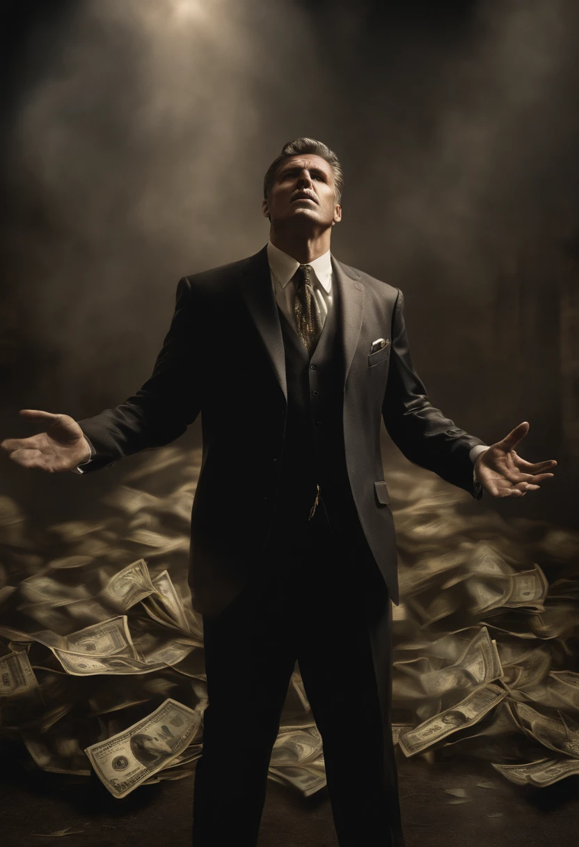a man fighting against money, oil painting, harsh brushstrokes, dramatic lighting, intense expression, determined eyes, clenched fists, sweat dripping down his face, wrinkled suit, broken chains, crumbling dollar bills, crumbling stock market graph, smoke rising in the background, black and white with a touch of gold, realism. (best quality, highres, ultra-detailed), (realistic:1.37), professional, vivid colors.