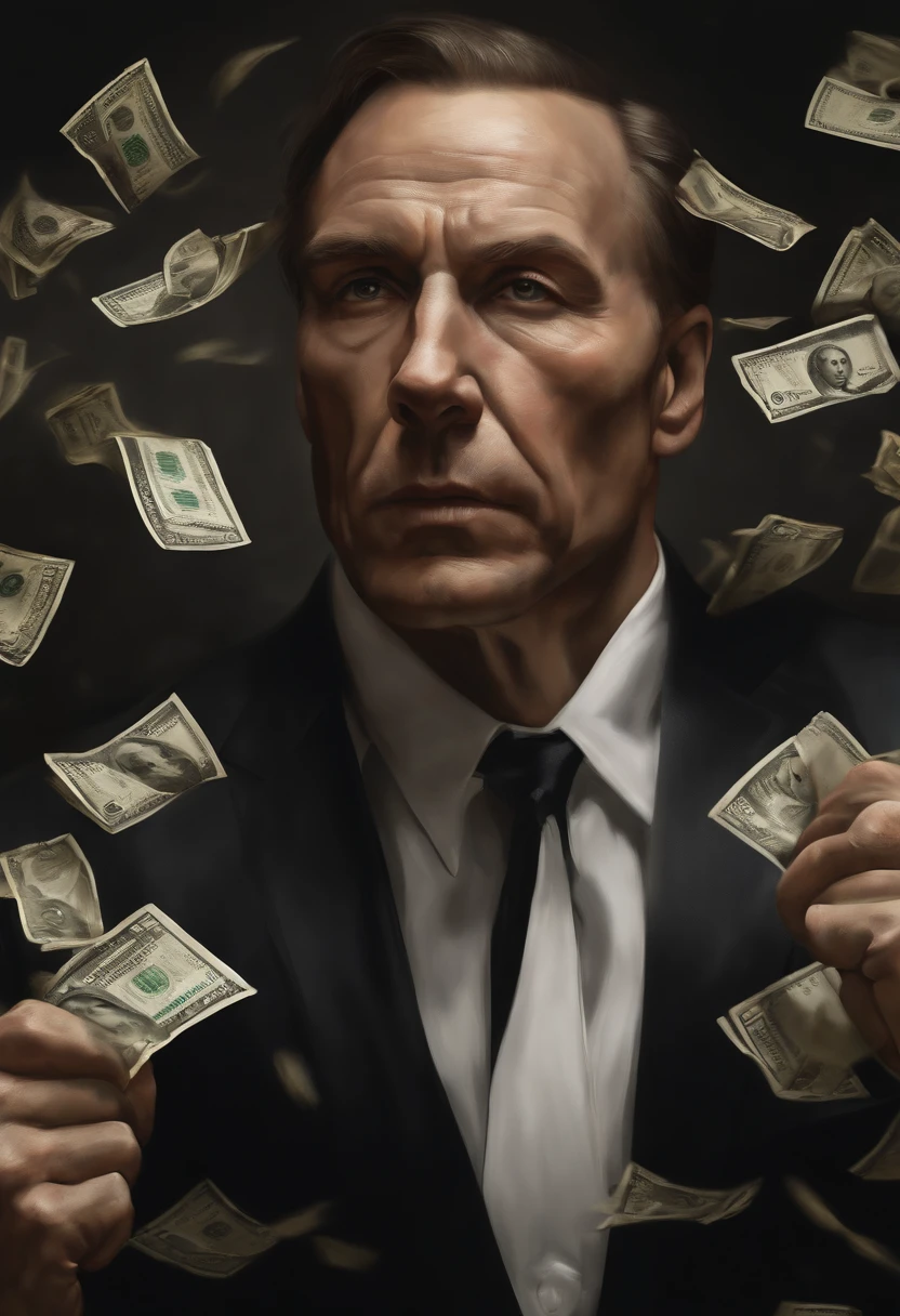 a man fighting against money, oil painting, harsh brushstrokes, dramatic lighting, intense expression, determined eyes, clenched fists, sweat dripping down his face, wrinkled suit, broken chains, crumbling dollar bills, crumbling stock market graph, smoke rising in the background, black and white with a touch of gold, realism. (best quality, highres, ultra-detailed), (realistic:1.37), professional, vivid colors.