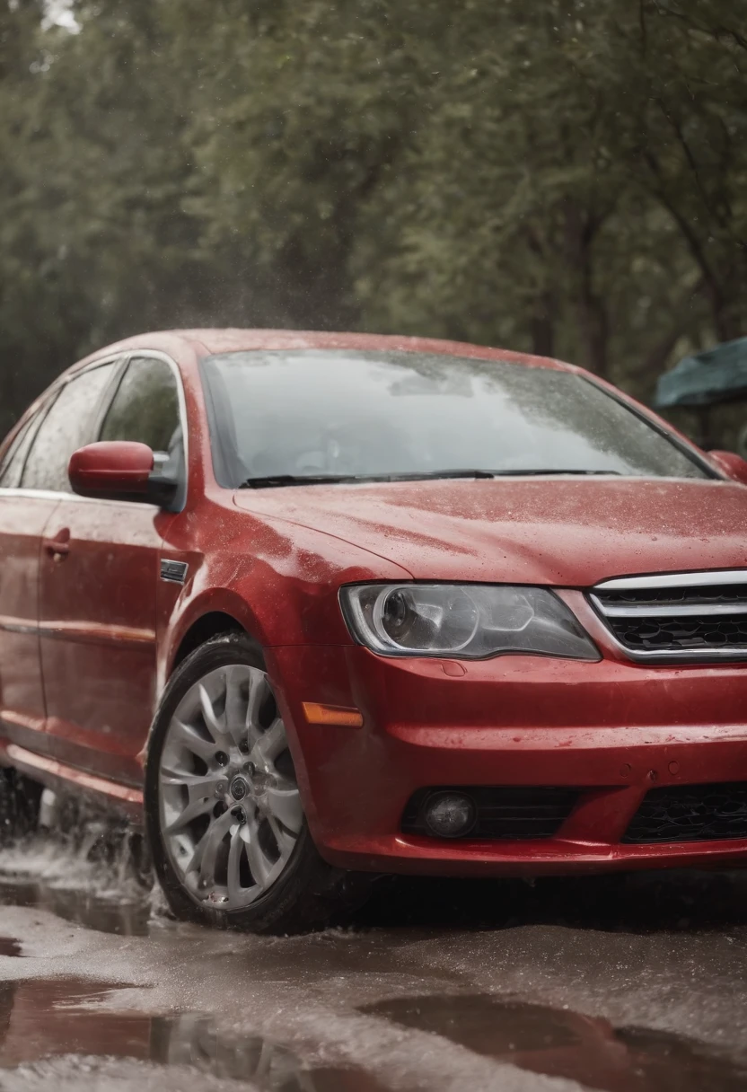 Create a high-resolution, photorealistic image of a red car from a side view, with one side of the car appearing dirty and the other side clean. In the middle of the car, depict soapy water cascading down, forming a clear boundary between the clean and dirty sections. Ensure meticulous attention to detail, emphasizing the contrast between the pristine and soiled parts of the car. Use realistic textures, lighting, and shadows to enhance the visual impact. This image should capture the before-and-after effect of a thorough car wash, showcasing the transformation from dirty to clean in stunning detail.