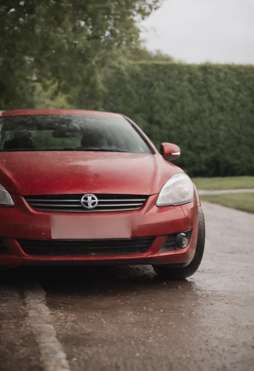 Create a high-resolution, photorealistic image of a red car from a side view, with one side of the car appearing dirty and the other side clean. In the middle of the car, depict soapy water cascading down, forming a clear boundary between the clean and dirty sections. Ensure meticulous attention to detail, emphasizing the contrast between the pristine and soiled parts of the car. Use realistic textures, lighting, and shadows to enhance the visual impact. This image should capture the before-and-after effect of a thorough car wash, showcasing the transformation from dirty to clean in stunning detail.