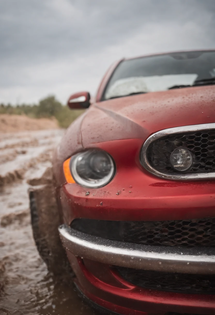 Create a high-resolution, photorealistic image of a red car from a side view, with one side of the car appearing dirty and the other side clean. In the middle of the car, depict soapy water cascading down, forming a clear boundary between the clean and dirty sections. Ensure meticulous attention to detail, emphasizing the contrast between the pristine and soiled parts of the car. Use realistic textures, lighting, and shadows to enhance the visual impact. This image should capture the before-and-after effect of a thorough car wash, showcasing the transformation from dirty to clean in stunning detail.