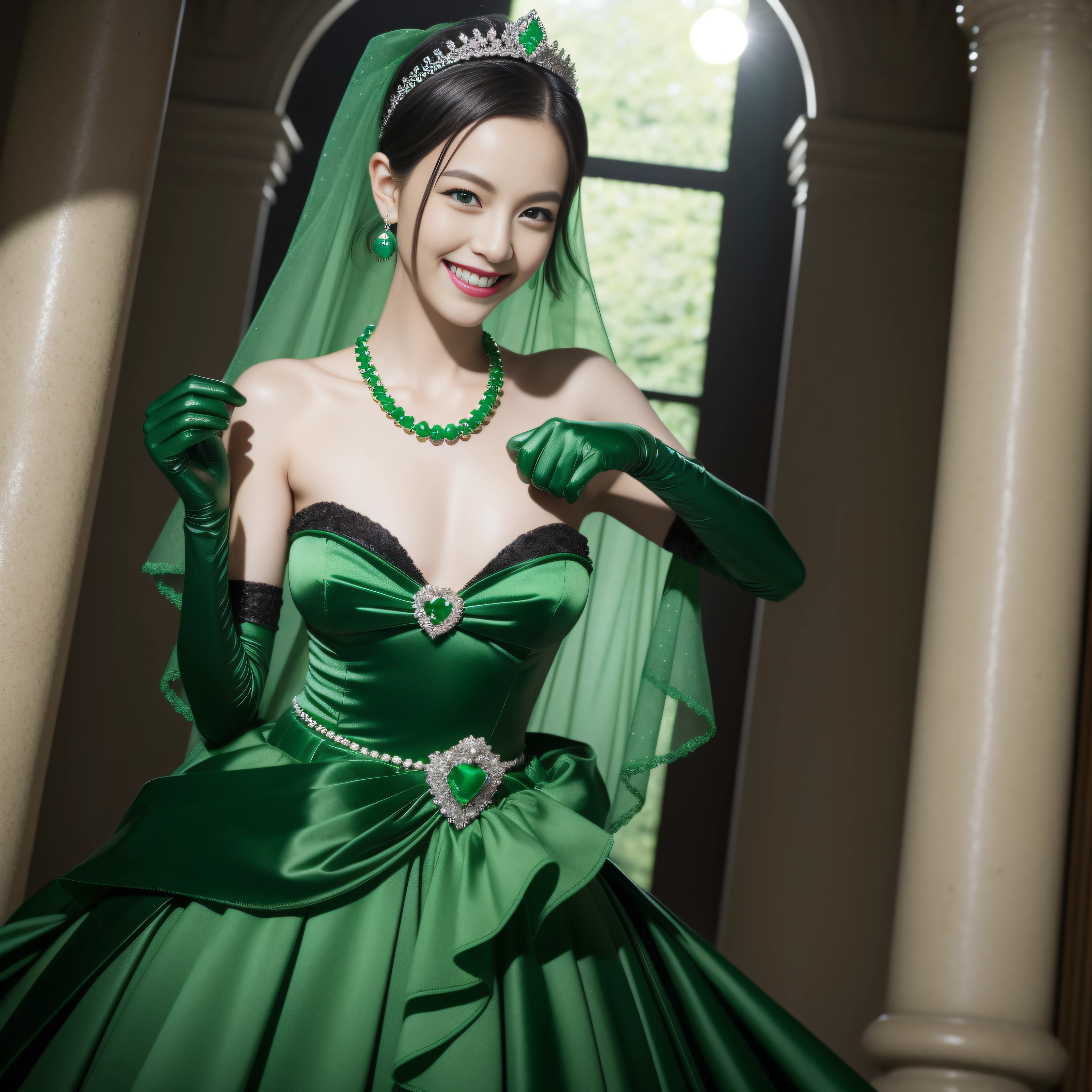 emerald tiara, Green Pearl Necklace, Boyish very short black hair, lipsticks, Japan woman smiling, Long green gloves made of satin material, very short short hair, Guts Pose, Green eyes