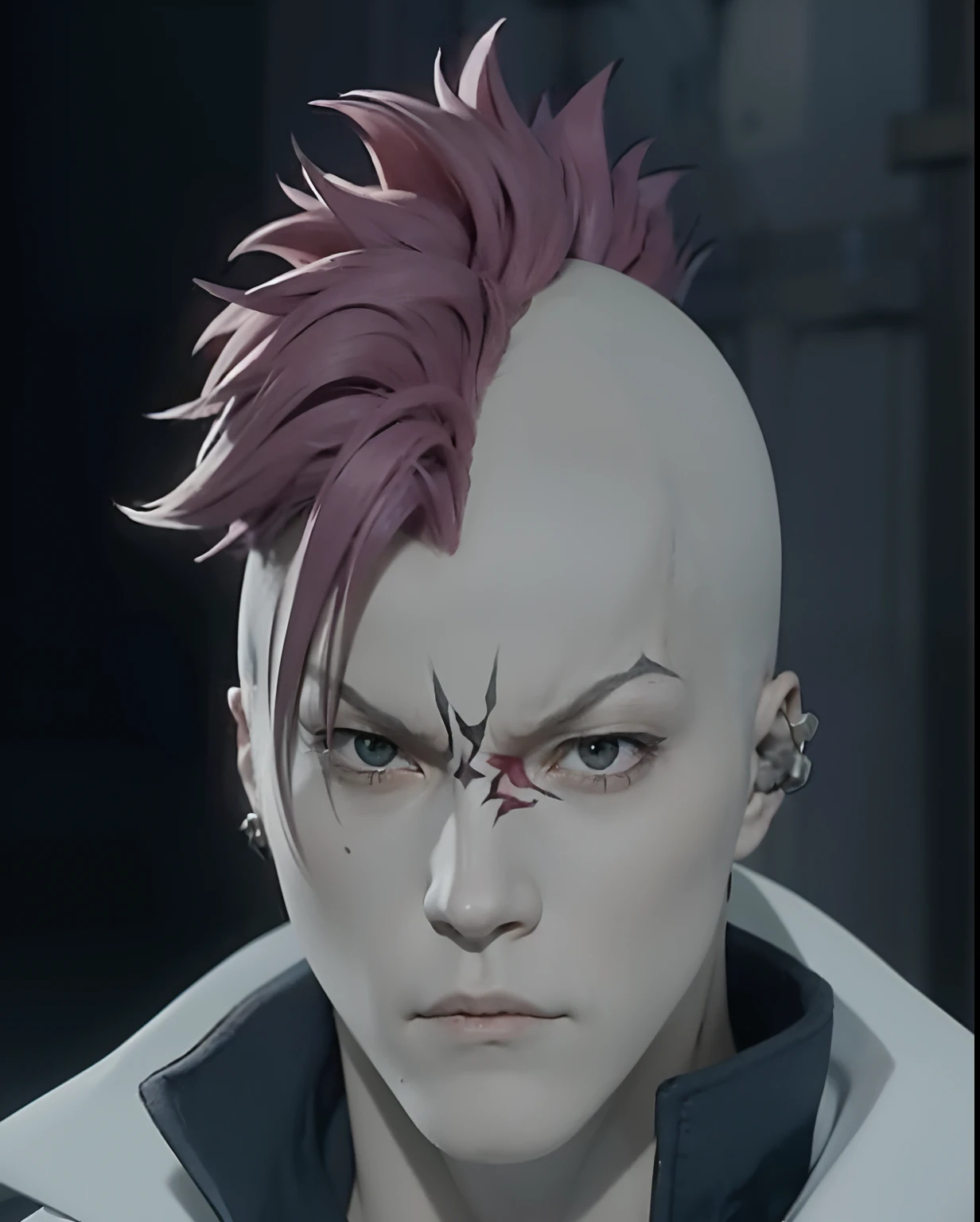 a close up of a person with a pink hair and a white jacket, roguish smirk, portrait of hisoka hunter hunter, white mohawk, trigger anime artstyle, with a mohawk, joker looks like naruto, hisoka, anime character, screenshot from a 2012s anime, style of madhouse anime, male anime character, pink mohawk, real life, ultra realistic, 8k, live action