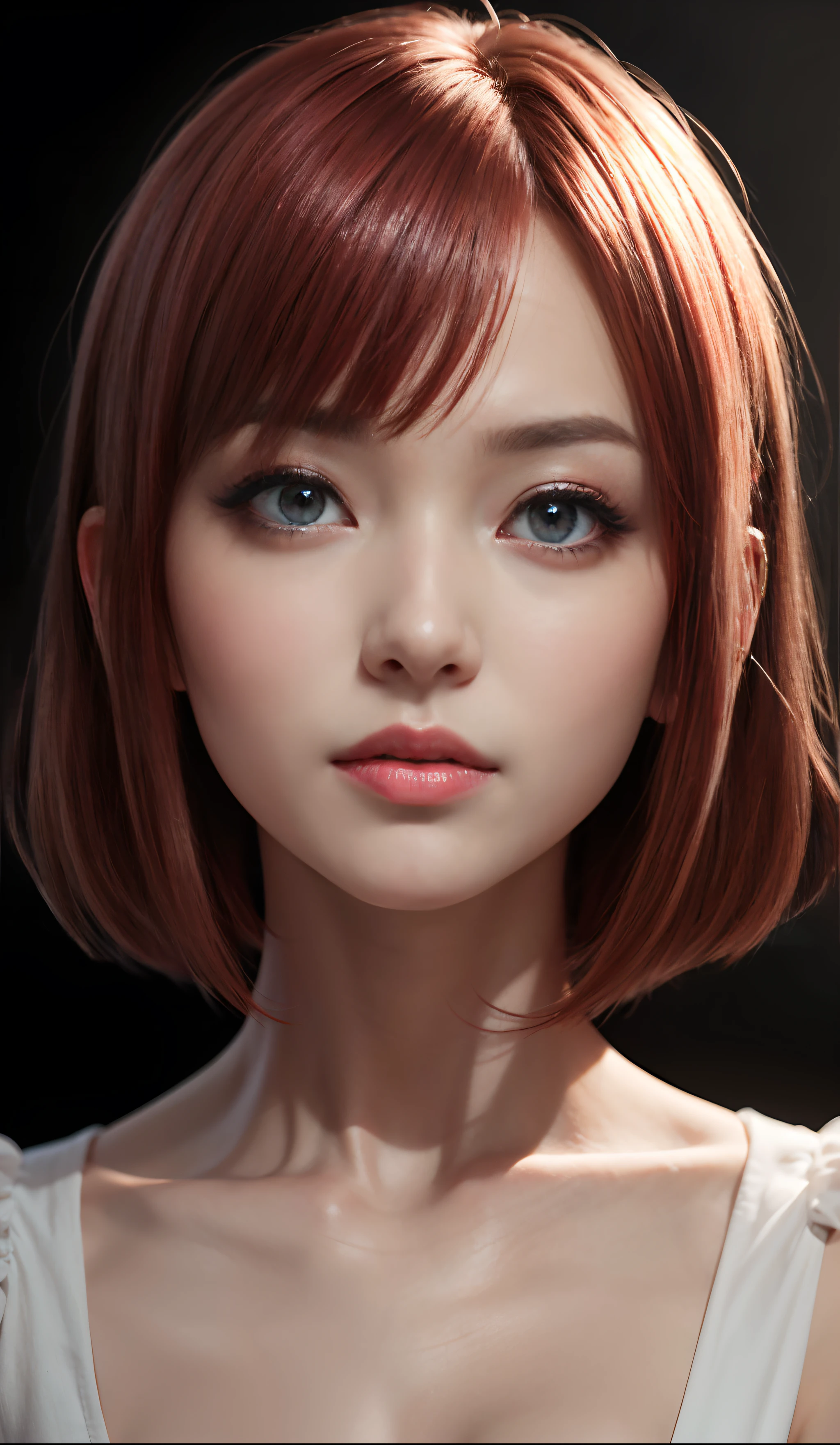 1girl, star eye, blush, perfect illumination, red hair, red eyes, unreal engine, sidelighting, detailed face, bangs, bright skin, simple background, dark background,