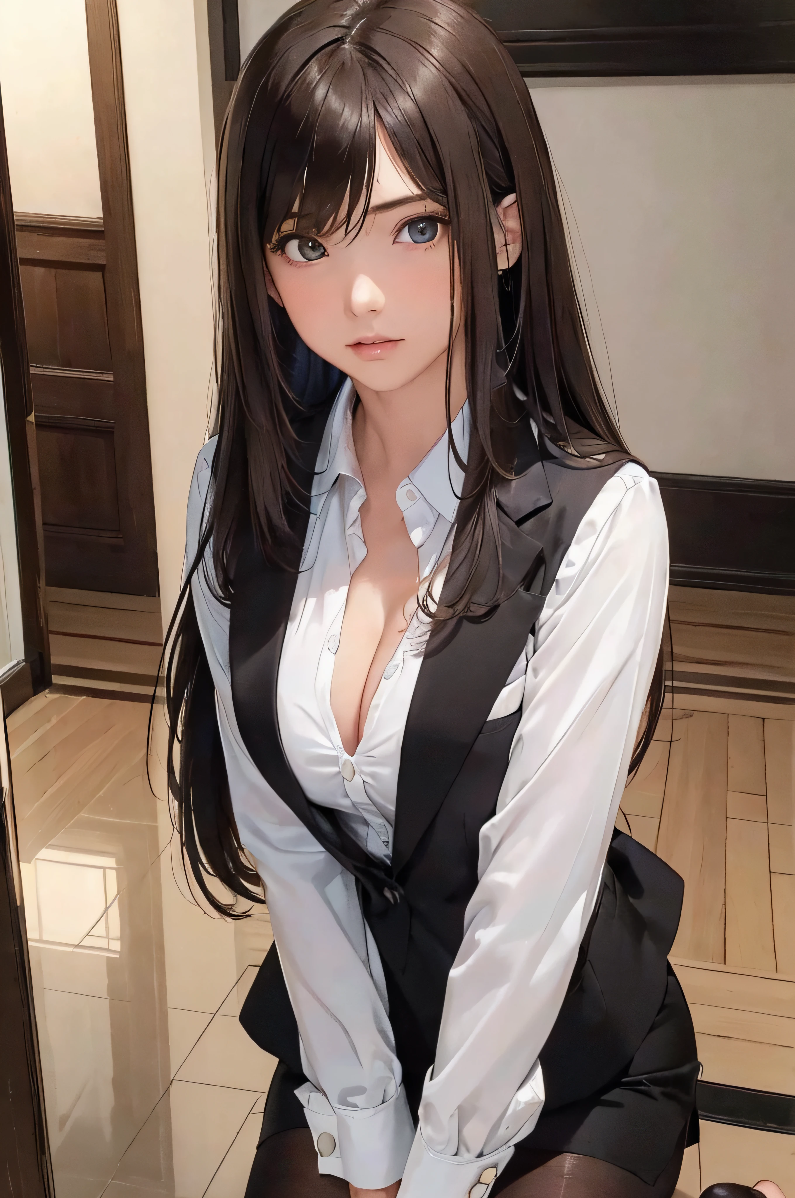 (1girl 24 years old:1.3), (photorealistic:1.4), (masterpiece, top quality, best quality, official art), extreme detailed, highest detailed, (ultra-detailed), ((an extremely delicate and beautiful)), cinematic light, (realisticlying:1.3), (highdetailskin:1.2), high resolution, 8K UHD, 4K, 8K, Bokeh, digital SLR camera, absurderes, Optimal proportions of four fingers and one thumb,
((silky long hair)), (brown hair), beautiful face, perfect face, highly detailed beautiful face,
Cute, shy,
walk hotel lobby, midnight,
dynamic angle, from above,
((Wearing a black formal blazer)), ((white blouse with collar)), cleavage, skirt, lacepantyhose, blue underwear,
open legs a little, kneel down,