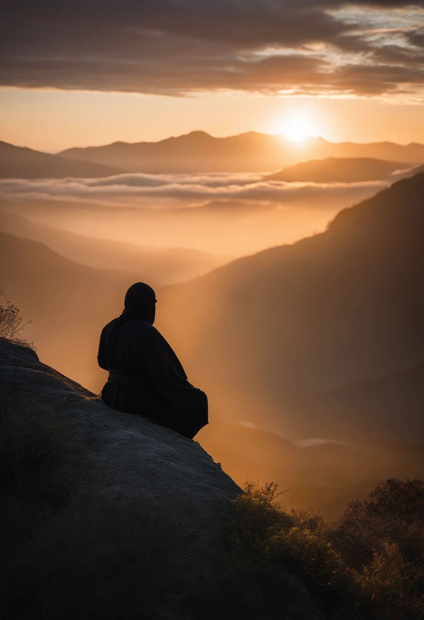 ninja de frente meditando na montanha, espada, roupa preta, Sunrise behind the ninja, hiper realista