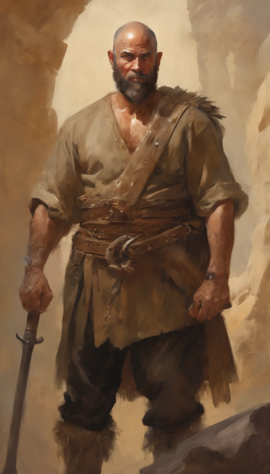 male in a brown outfit with blacksmith hammer, highly detailed character, norse ancient epic hero, muscular, bald, (extremely detailed CG 8k wallpaper), body photo of the most beautiful artwork in the world, medieval armor, body portrait, Nimrod the first king of Babylon, hunter, barbarian, macho man, majestic professional oil painting by Ed Blinkey, Atey Ghailan, Studio Ghibli, by Jeremy Mann, Greg Manchess, Antonio Moro, trend at ArtStation, trend at CGSociety, Intricate, High Detail, Sharp Focus, Dramatic and Photorealistic Painting Art by Midjourney and Greg Rutkowski