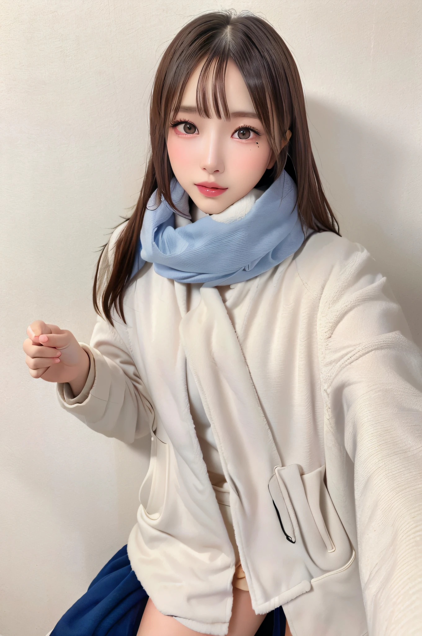 (close-up:1.4),
(RAW photo:1.2), (photorealistic:1.4),(masterpiece:1.3),(best quality:1.4), dreamlike, (detailed eyes),(detailed facial features), (detailed clothes features), skin tight, (shiny skin),(slender girl),(slim girl), 1girl, ((full body)),solo, cute,smlie,(medium breasts), bangs, straight hair, long hair, black hair, black eyes, crystal pendant, Long blue scarf,White long wool coat,Black thick pantyhose,Brown snow boots,