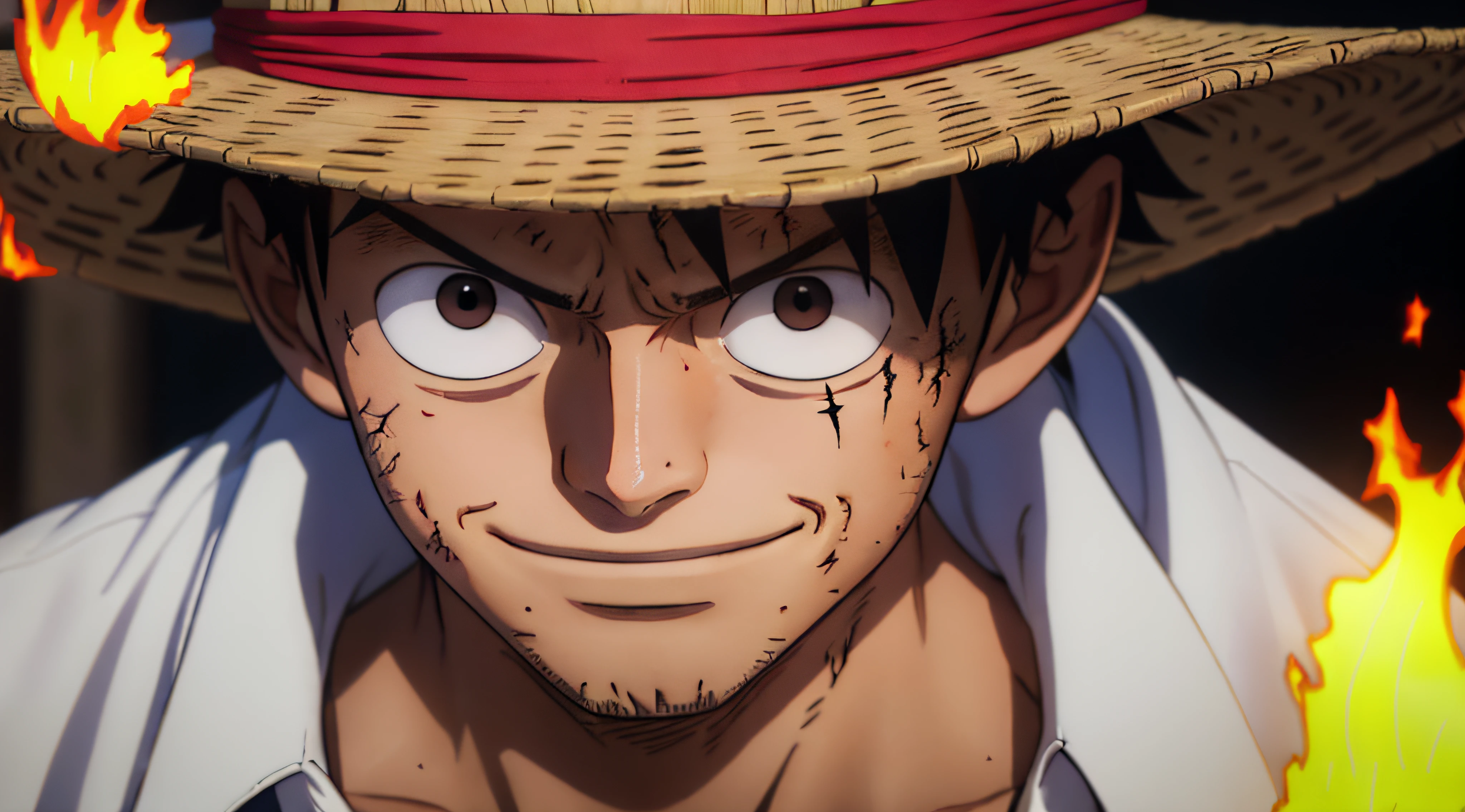 1boy, wanostyle, monkey d luffy, smiling, straw hat, looking at viewer, solo, upper body, ((masterpiece)), (best quality), (extremely detailed), depth of field, sketch, dark intense shadows, sharp focus, soft lighting, hdr, colorful, good composition, fire all around, spectacular, closed shirt, anime screencap, scar under eye, ready to fight, black eyes