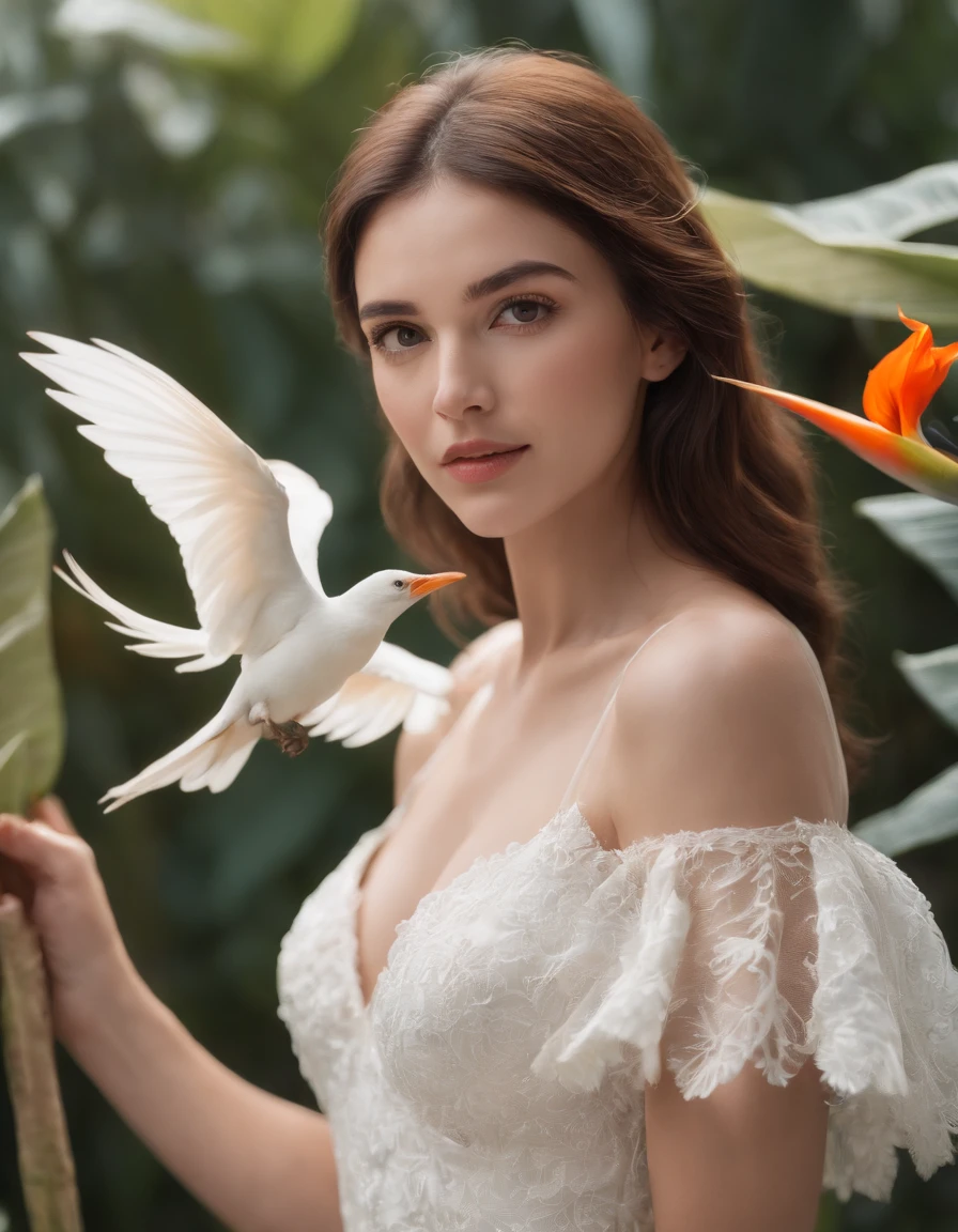 cinematic realistic photo . Fotografia 35mm, Film, Bokeh, profissional, 4k, altamente detalhado,Woman in white dress holds some birds of paradise flowers, studio lighting, tiro lateral, fundo branco, cores fortes, no estilo de detalhes ultrafinos, foto de alta qualidade, Medium body framing,mid closeup