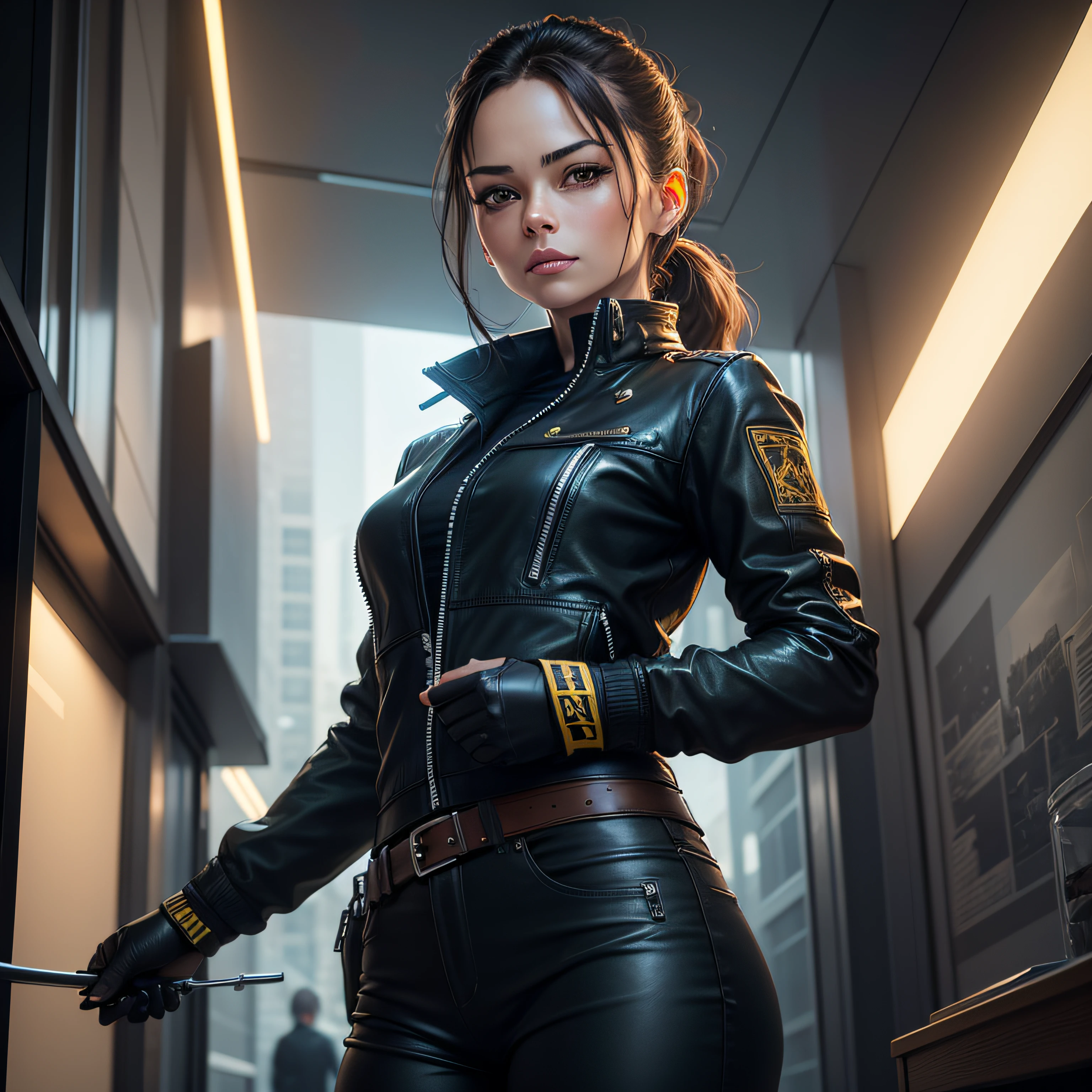 Kristin Kreuk, brunette, ponytail, avec de jolis yeux verts, portant un blouson en cuir noir et jaune et un pantalon en cuir noir, dans une ville moderne remplie de buildings en verre au fond, Best quality, 8k, detailed skin texture, detailed cloth texture, beautifull detailed face, intricate high detail, Ultra detailed. Beautiful lighting and cinematographic composition make this piece a true masterpiece, Drew Struzan Style. golden ratio. plan en pied.