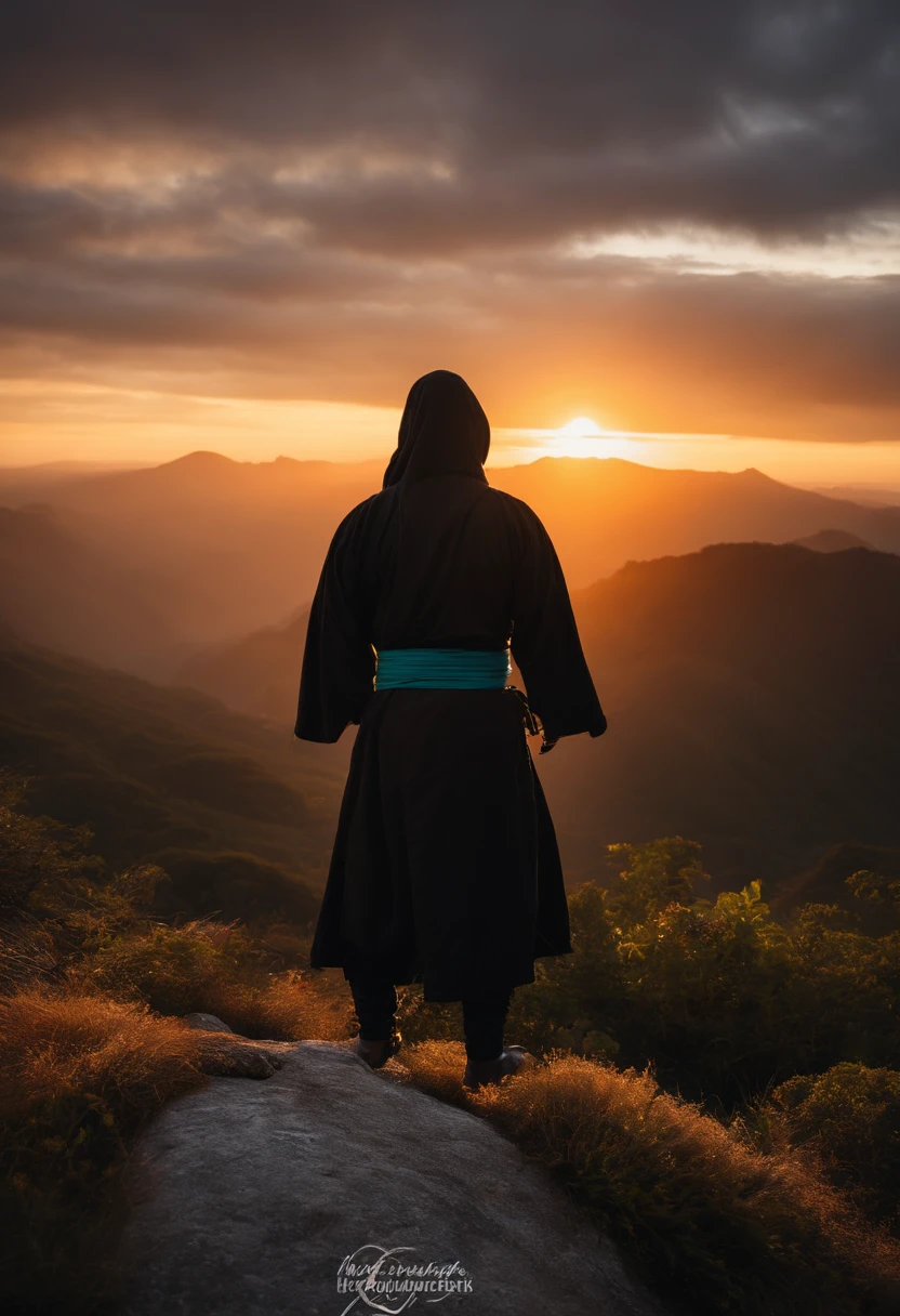 ninja de frente meditando no topo da montanha, espada, Sunrise behind the ninja, hiper realista