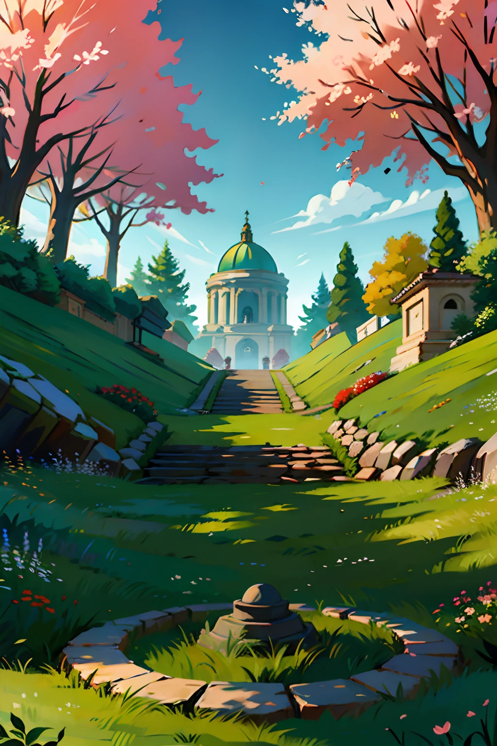 A painting of a springtime landscape, green trees and flowers, with a four-sided red brick tomb, midday light.