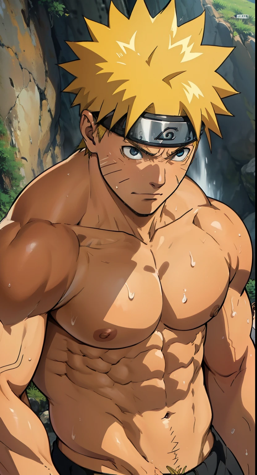 (Huge, strong, muscular thigh muscles) Uzumaki Naruto, lots of sweat flowing down, topless, shirtless, sunny, shiny skin, bodybuilder, 8-pack abs, huge, solid muscular chest muscles, muscles huge muscular, sinewy biceps, cute baby face (close-up) arms behind his back