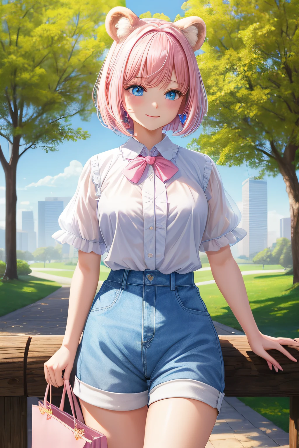 master piece, Best Quality, High resolution, Ultra-detailed, 1girl in, Pink hair and pale blue eyes, (White sheer shirt, Simple shirt without ribbon), bulging short sleeves, Dark blue shorts, Fluffy animal ears, Bangs, Short hair, Bow, Hair Bow, pink bows, A smile, Brown bear ears, bob cuts, tits out, Looking away, a park