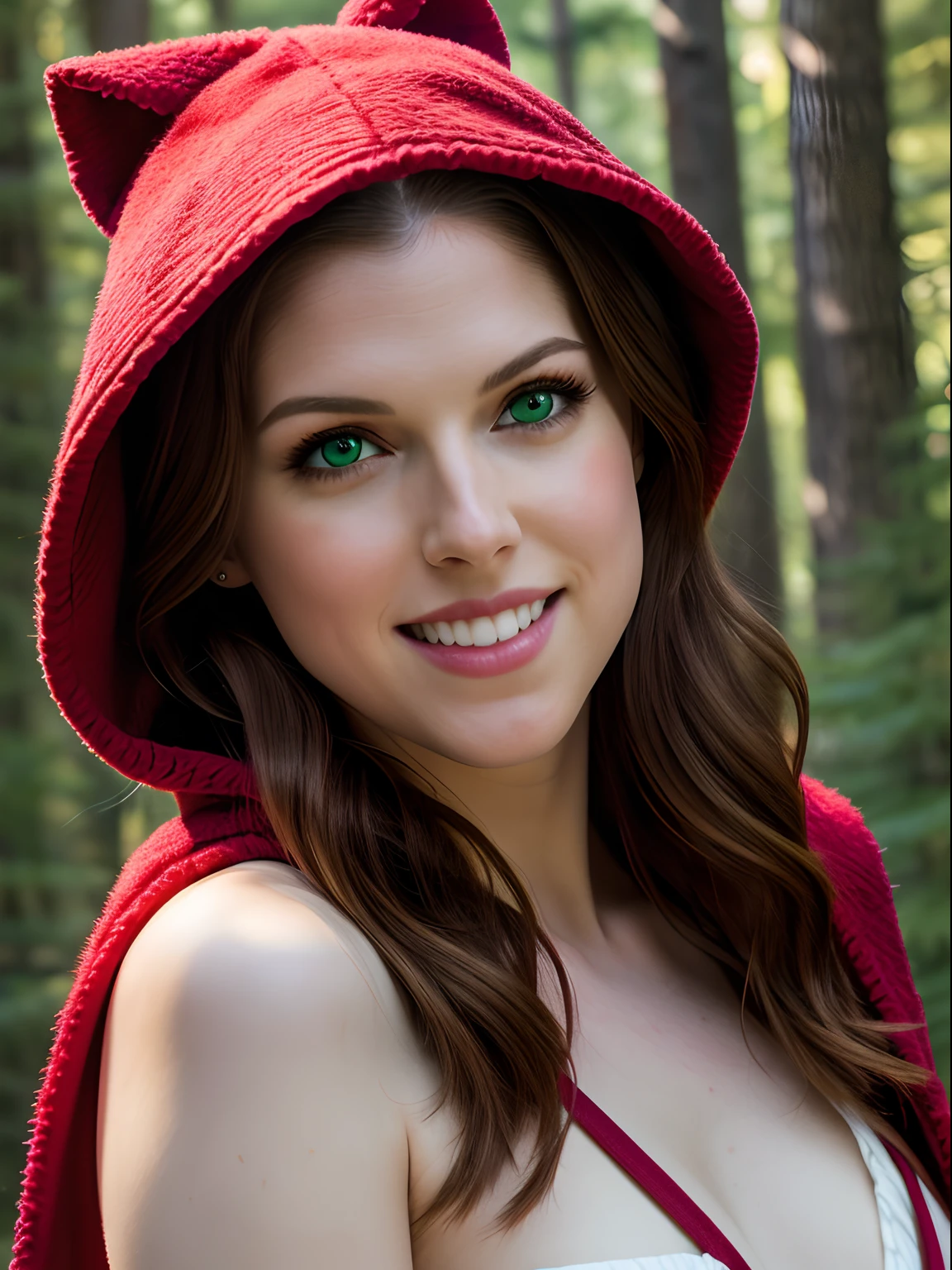 Imagine Anna Kendrick as red riding hood, full body, no bra, ((Masterpiece:1.4)), (high resolution:1.4), big beautifull smile , at the forest, RedHoodWaifu, red ridinghood, (emerald green eyes, light brown hair:1.2), (body bare), (fruit basket), beautifull smile, beautiful face, highly detailed skin, skin pores, (highly detailed face:1.1), (highly detailed eyes:1.1), realistic pupils, full face blush, full lips, (perfect anatomy:1.1), (perfect proportions:1.1), (photography:1.1), (photorealistic:1.1), volumetric lighting, dynamic lighting, real shadows, (highres:1.1), sharp focus, daylight, (realistic, hyperrealistic:1.4), intricate, high detail, dramatic, subsurface scattering, big depth of field, vivid, polished, sharpened, ((full Sharp)), (extremely absurdres),16k hdr,
