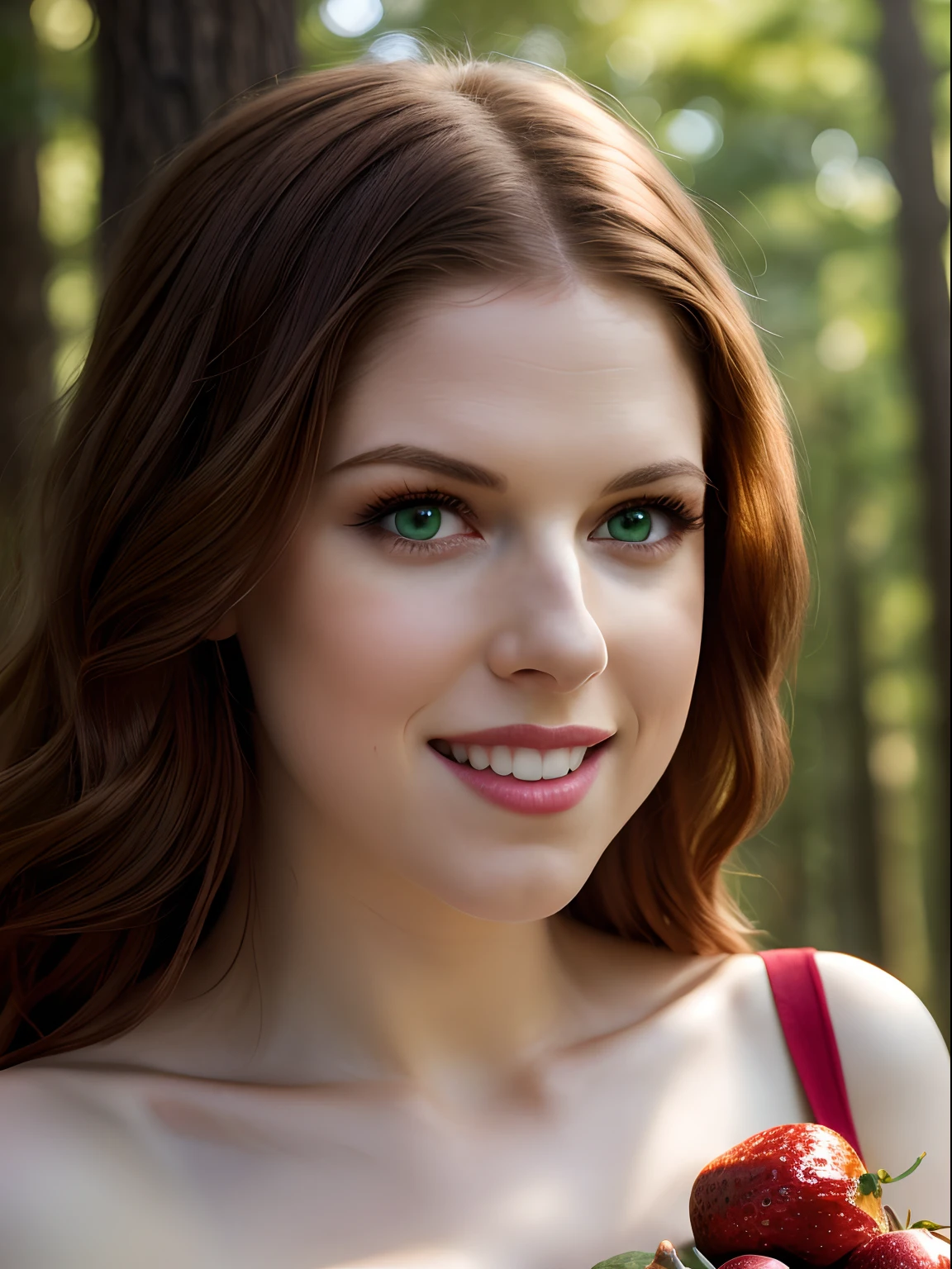 ((anna kendrick)), like little red riding hood, whole body, Wearing Little Red Riding Hood cosplay, dynamic pose, ((masterpiece:1.4)), (High resolution:1.4), ((Beautiful smile, beautiful face, Natural small breasts, Nippin, in the forest, (emerald green eyes, light brown hair:1.2), (Fruit basket), Beautiful smile, beautiful face, highly detailed skin, skin pores, (highly detailed face:1.1), (highly detailed eyes:1.1), realistic pupils, blush all over the face, lip whole, (perfect anatomy:1.1), (perfect proportions:1.1), (photograph:1.1), (photorealistic:1.1), volume lighting, dynamic lighting, True Shadow, (High resolution:1.1), sharp focus, dawn, (realistic, hyperrealistic:1.4), Complex, high detail, dramatic, scattered below the surface, deep い is written in the depth of the world, wonderful, Grind, pointed, ((full sharp)), (very unreasonable),8k HDR,