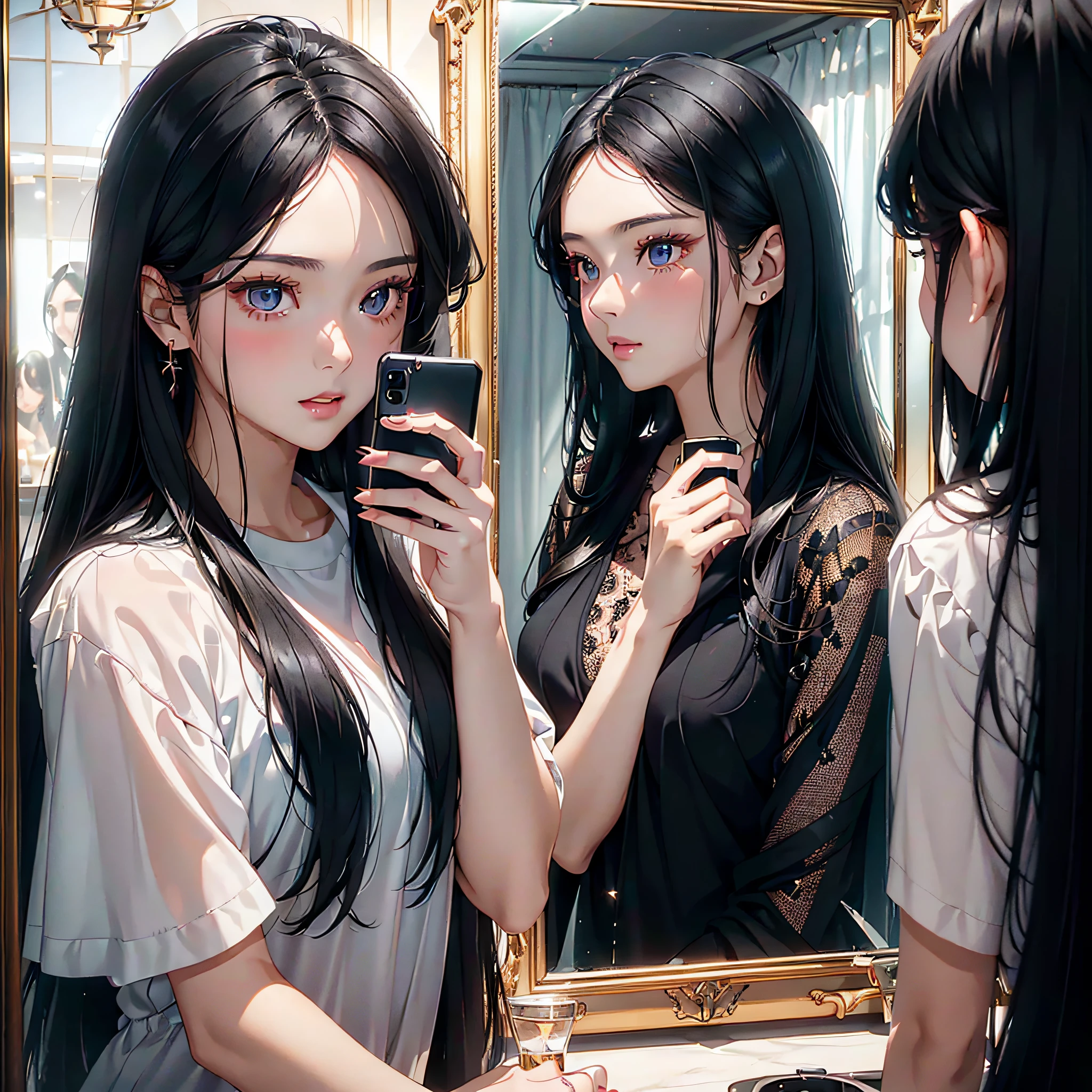 ((Face to face２Semi-long black hair beautiful girl taking a selfie with her smartphone in between the mirrors)):1.9、Perfect Ray Tracing、Highly detailed background，Realistic，ultra-detailliert，super detailed skin，light glow，Film grain，Expro II，Lens Flare，Sharpen，cinematic shadow