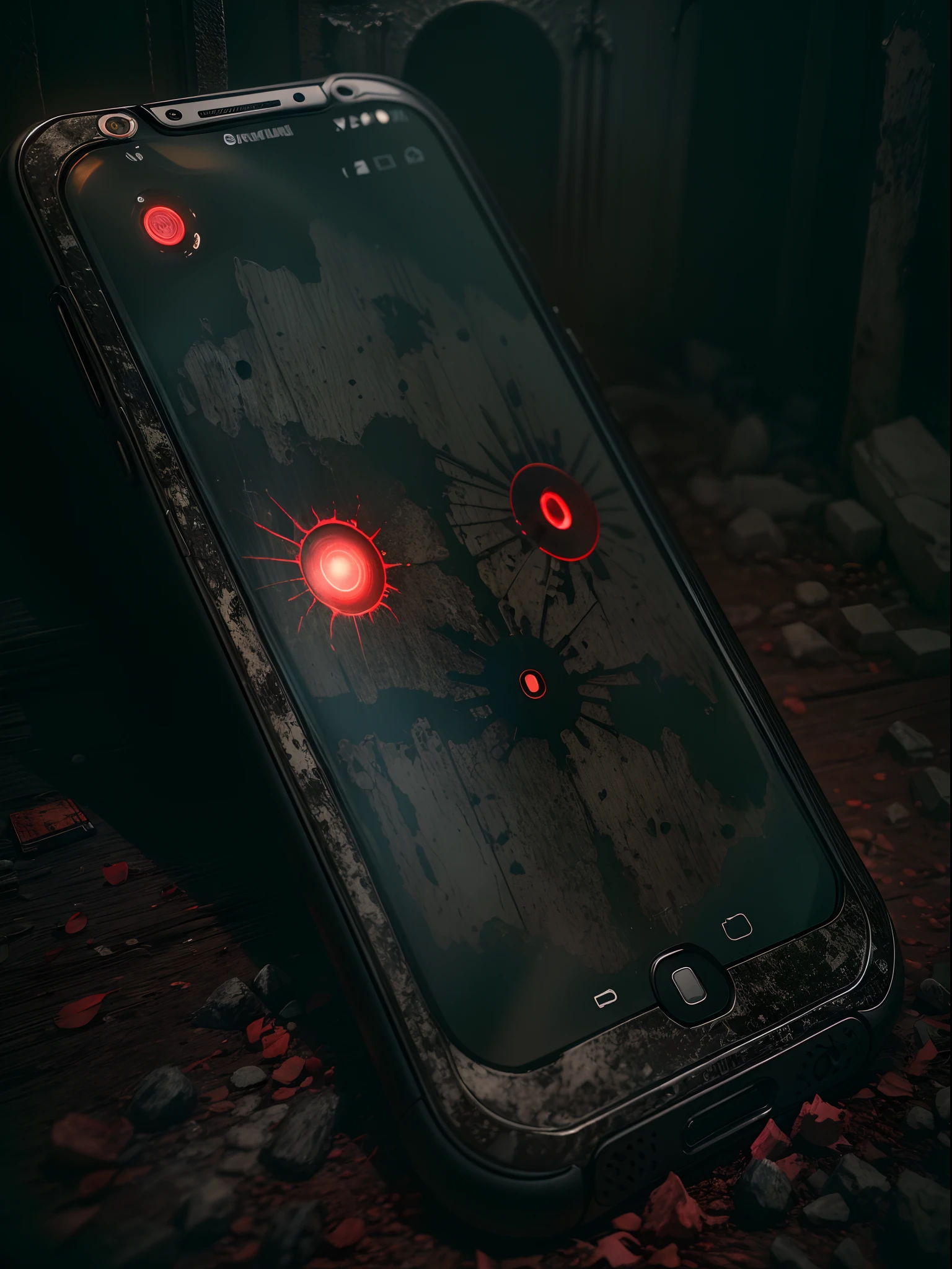 (best quality,ultra-detailed,realistic:1.37),haunted smartphone,old smartphone,dirty,broken screen,dark screen with two red glowing eyes inside,smartphone dropped against a tomb,haunted atmosphere,horror,grungy textures,eerie lighting,spooky color tones