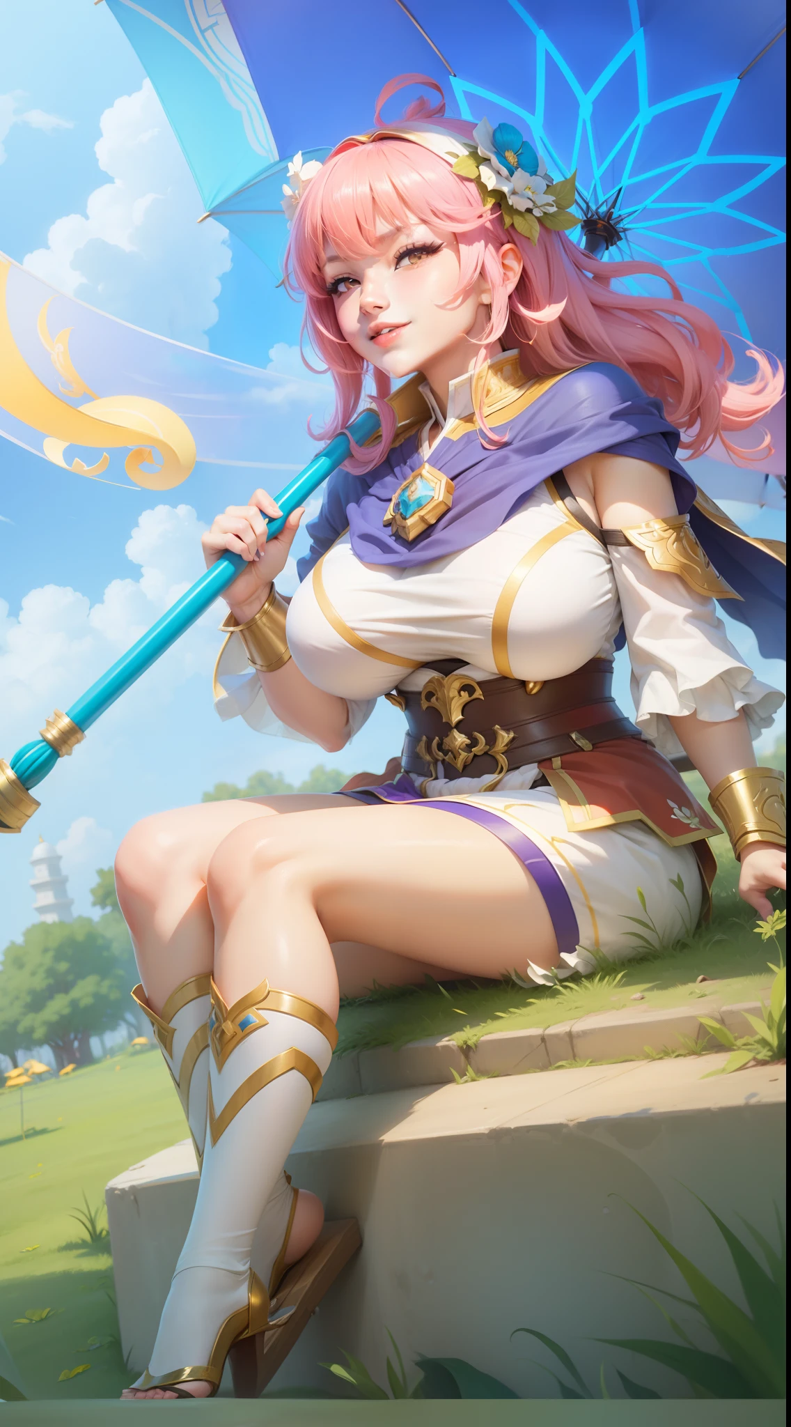 Kagura from Mobile Legends, cute smile, young girl, big breast, holding umbrella, sit on the grass, under the hot sun, Sunny weather, UHD,4K
