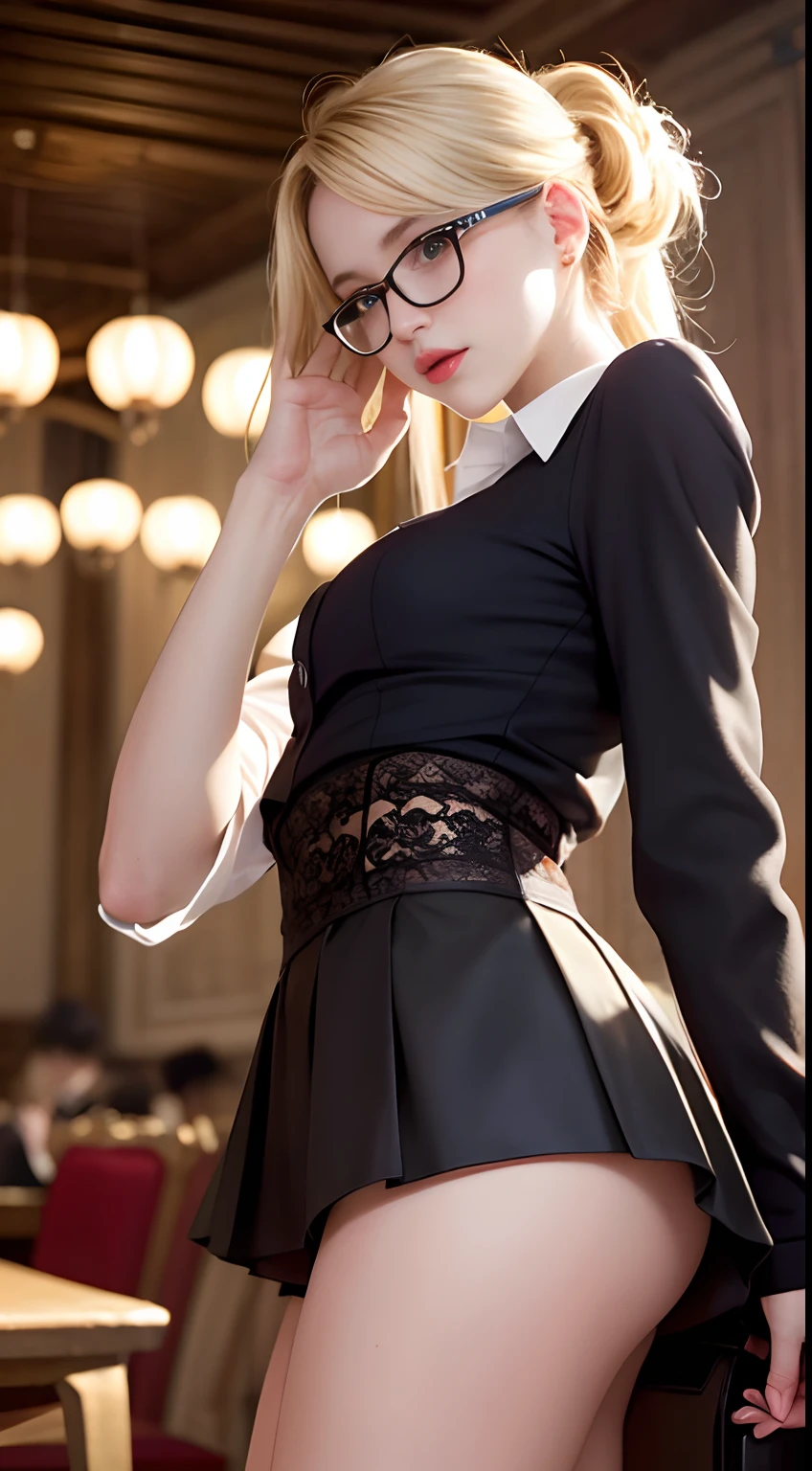 Masterpiece, A beautiful woman, (chloe grace moretz:Grace Kelly:0.5), (Fantasy library background), (Skinny business shirt), (Very short skirt), (Stockings), Glasses, (Medium breasts), Perfect body, Blonde hair, Hair tied in AA's loose bun, Legs, (Skin texture:1.1), Best quality, 超高分辨率, (Photorealistic: 1.4), RAW photo, author:ellen von unwerth, nikon d850 film stock photography, F1.6 shots, Rich colors, Realistic, cine still 800, Backlight, rim lit, Studio lighting, Erotic photo shooting