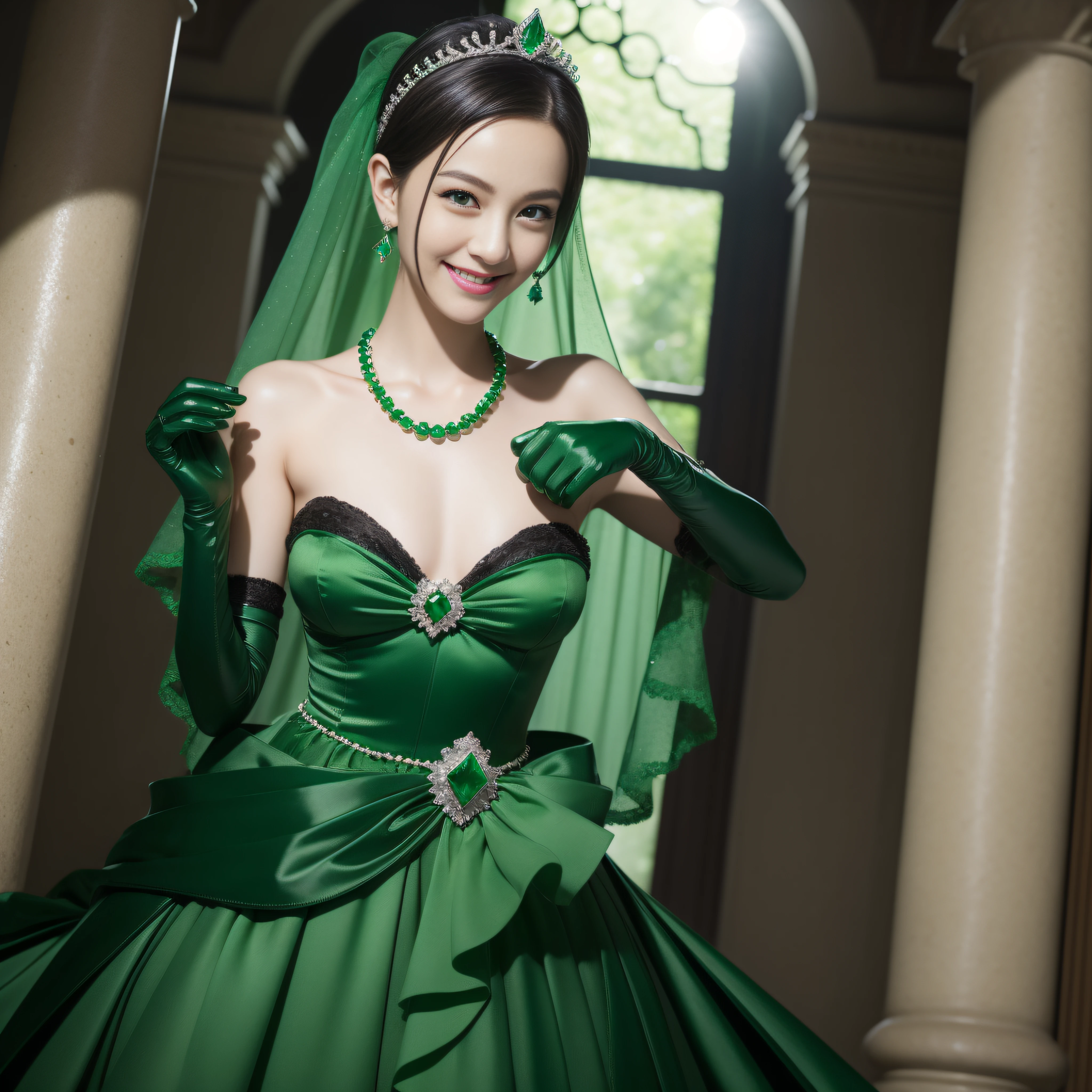 emerald tiara, Green Pearl Necklace, Boyish very short black hair, lipsticks, Japan woman smiling, Long green gloves made of satin material, very short short hair, Guts Pose, Green eyes, big breasts beautiful, Right thumbs up