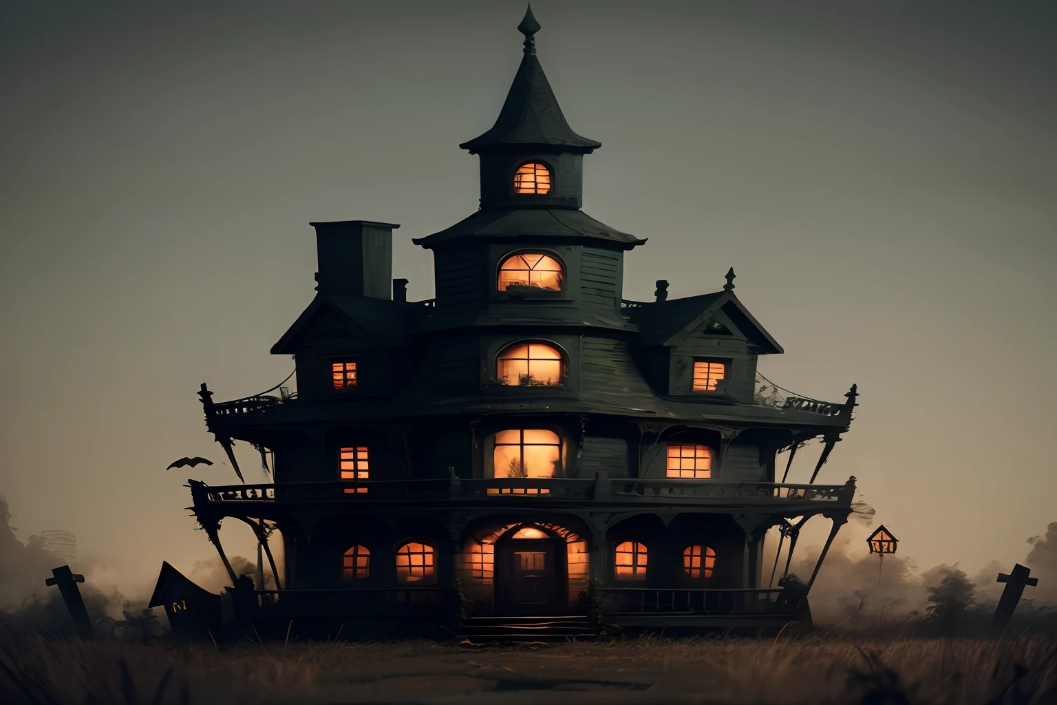 haunted house colorful green grass