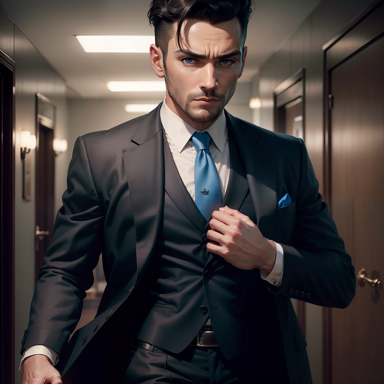 Ultra realistic 8K portrait of a (((40's))) short haired black eyed man wearing a suit with matching tie. with the blue suit