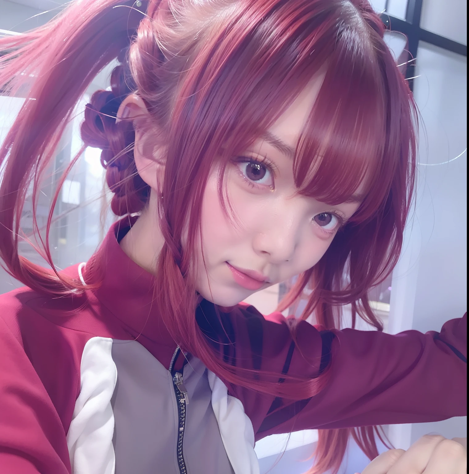 I girl,ichika amasawa, red tracksuit, two braids, red hair,realistic, ultra detail, 70 mm lens